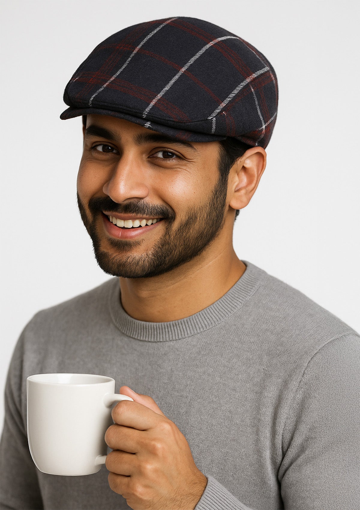 Men’s Black Check Flat Cap – Wool Blend Tartan Pattern