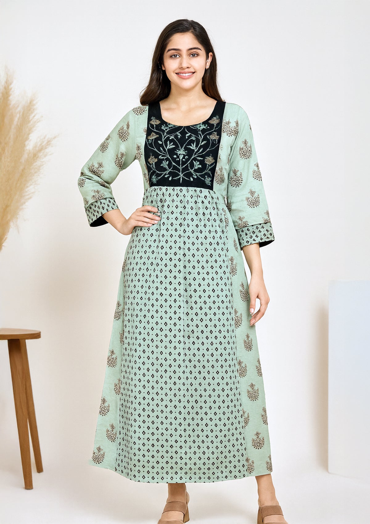 Designer Cotton Long Kurti with Elegant Embroidery – Green