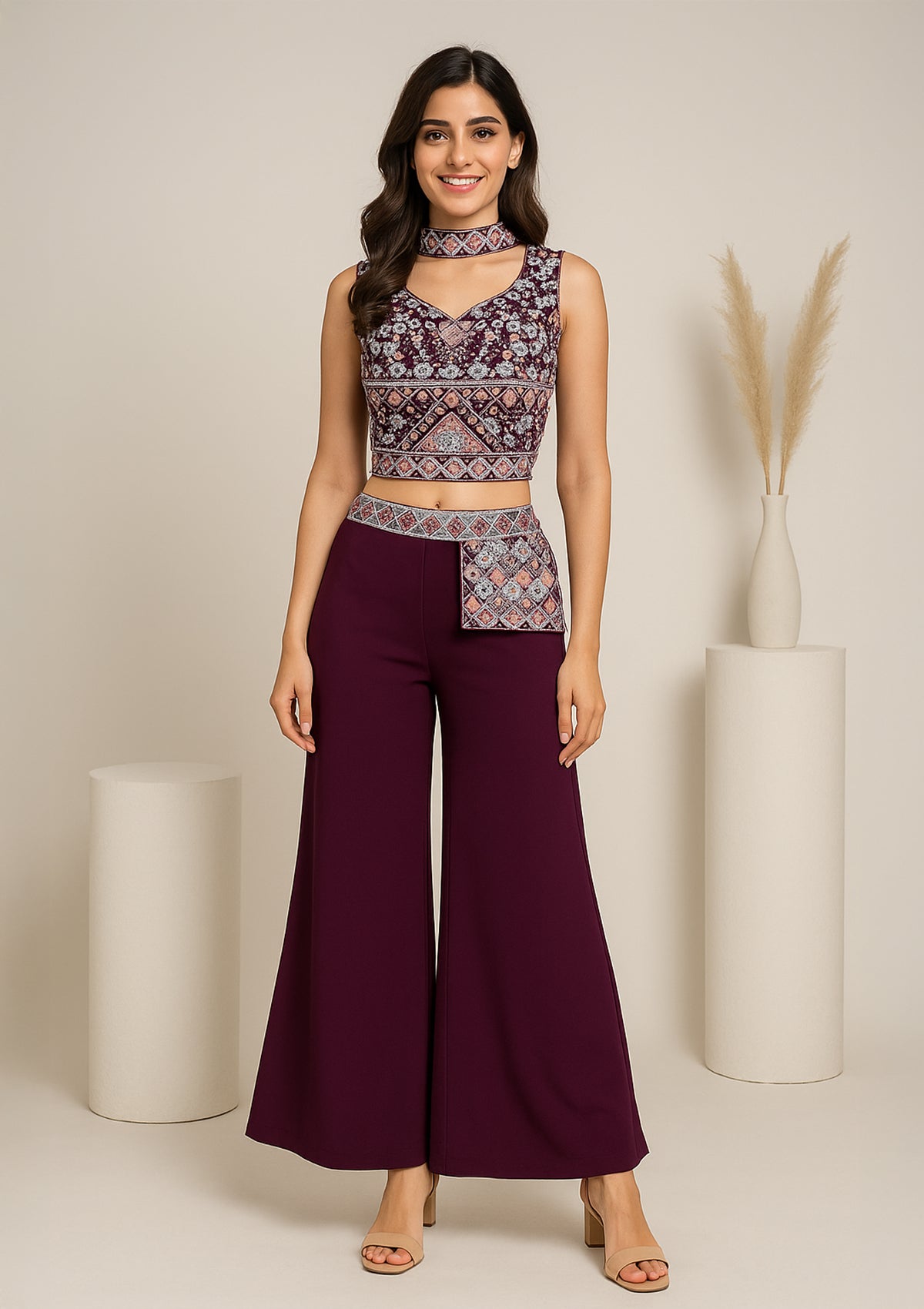 Wine - Maroon Georgette Crop Top with Palazzo & Neckband Dupatta – Ethnic Set