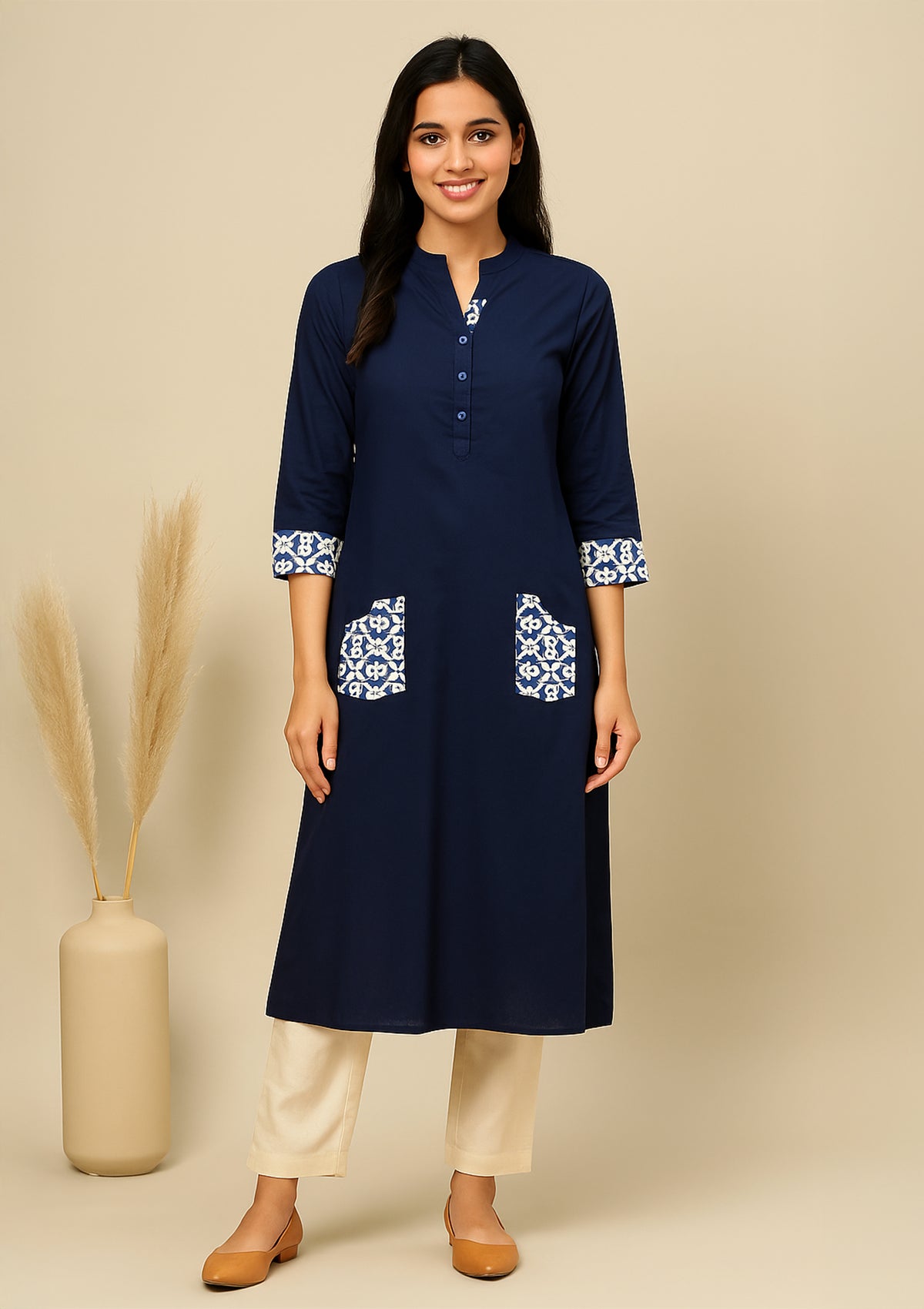 Navy Blue Printed Rayon Kurti with Pocket & Sleeve Detailing