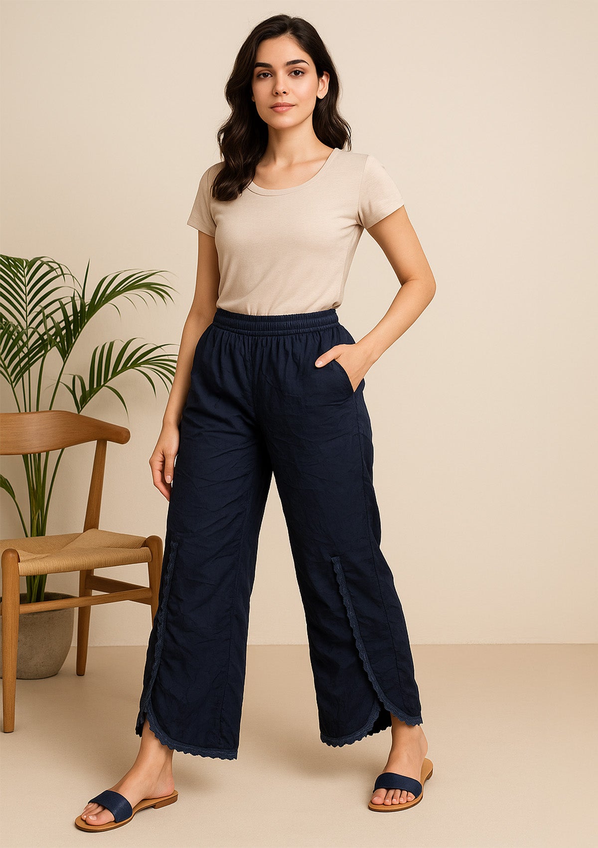 Navy Blue Rayon Lace Palazzo – Wide Leg Designer Pants