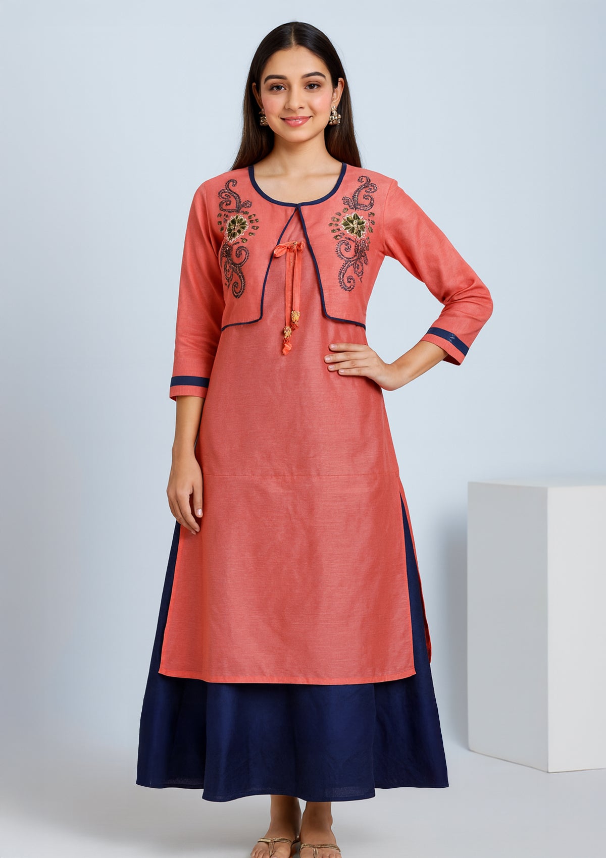 Peach Chanderi Cotton Embroidered Double Layered Gown with Navy Blue