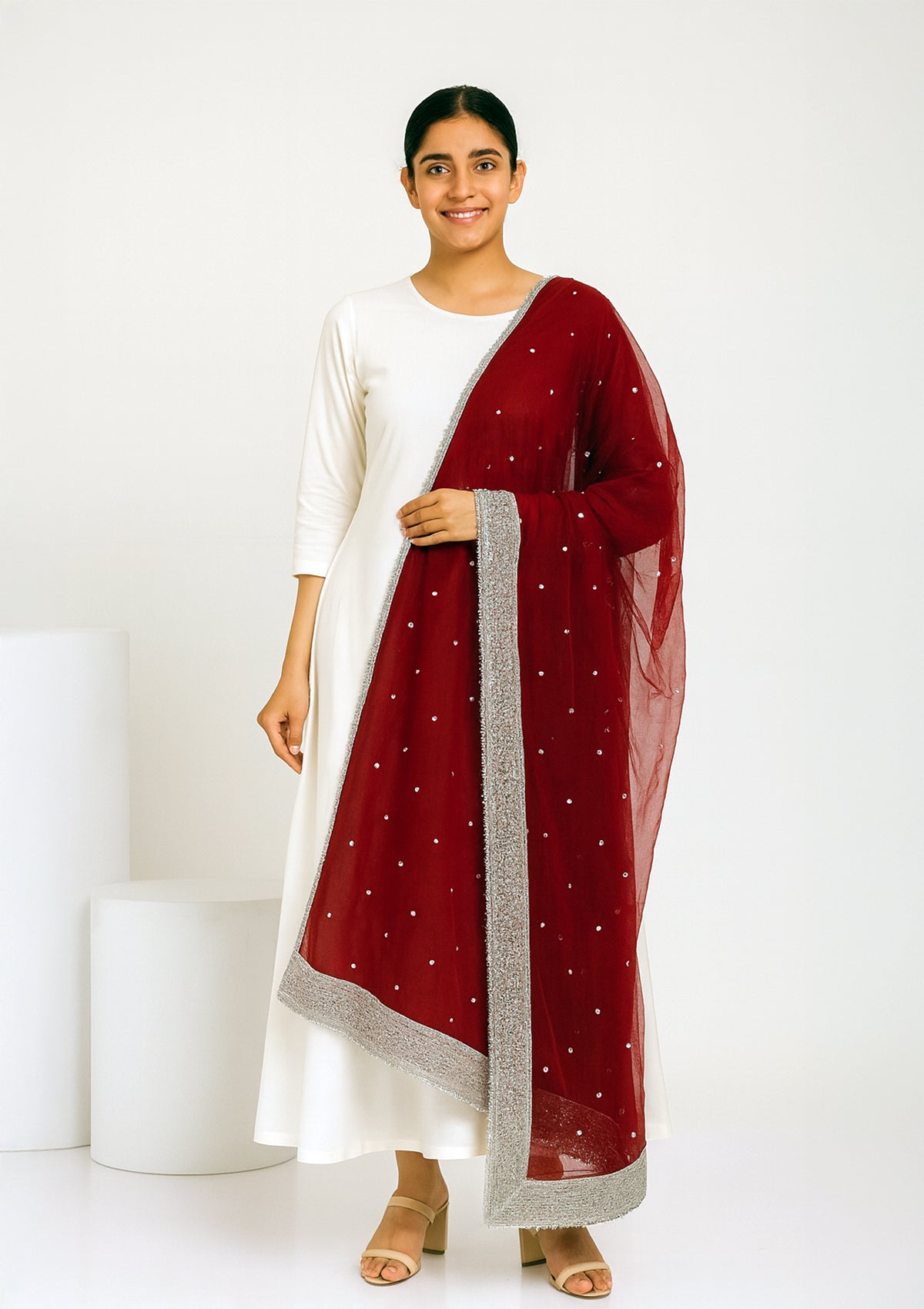 Maroon Red Net Dupatta with Silver Sequin Work & Embroidered Border
