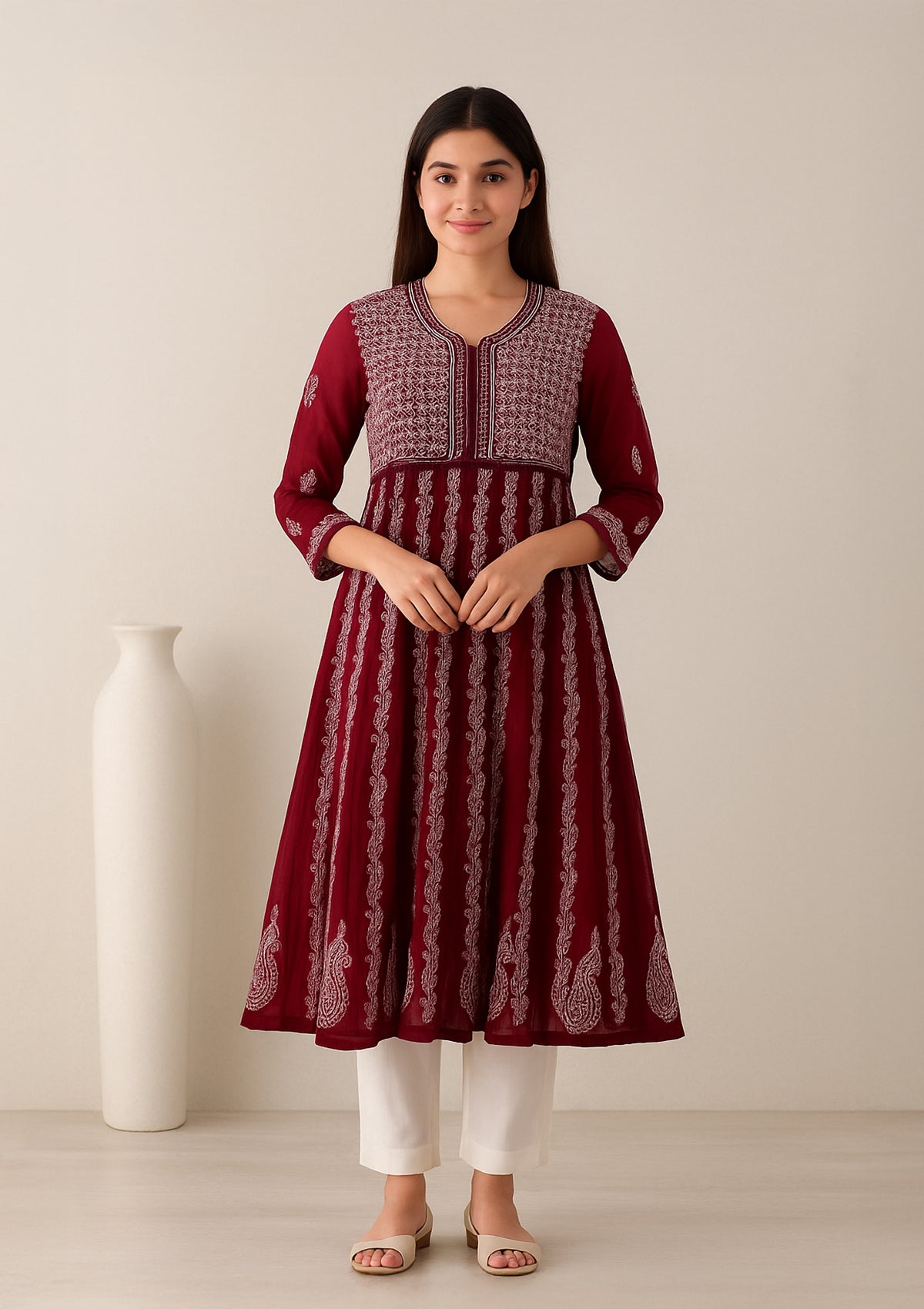 Mehroon Georgette Chikankari Kurti with Net Detailing – Elegant Finish