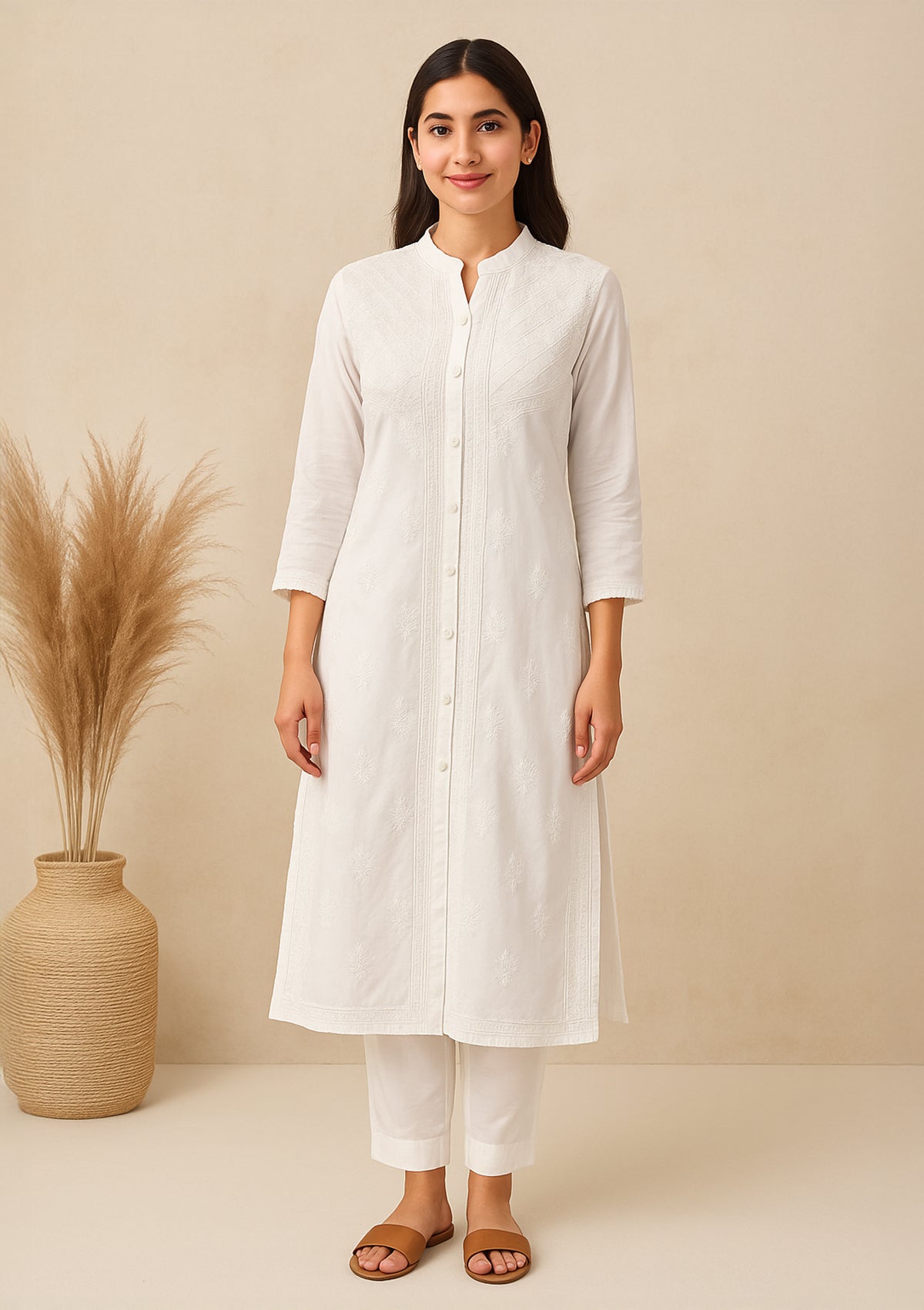ClothingSutra Cotton Chikankari Long Kurta – Elegant White-on-White 46