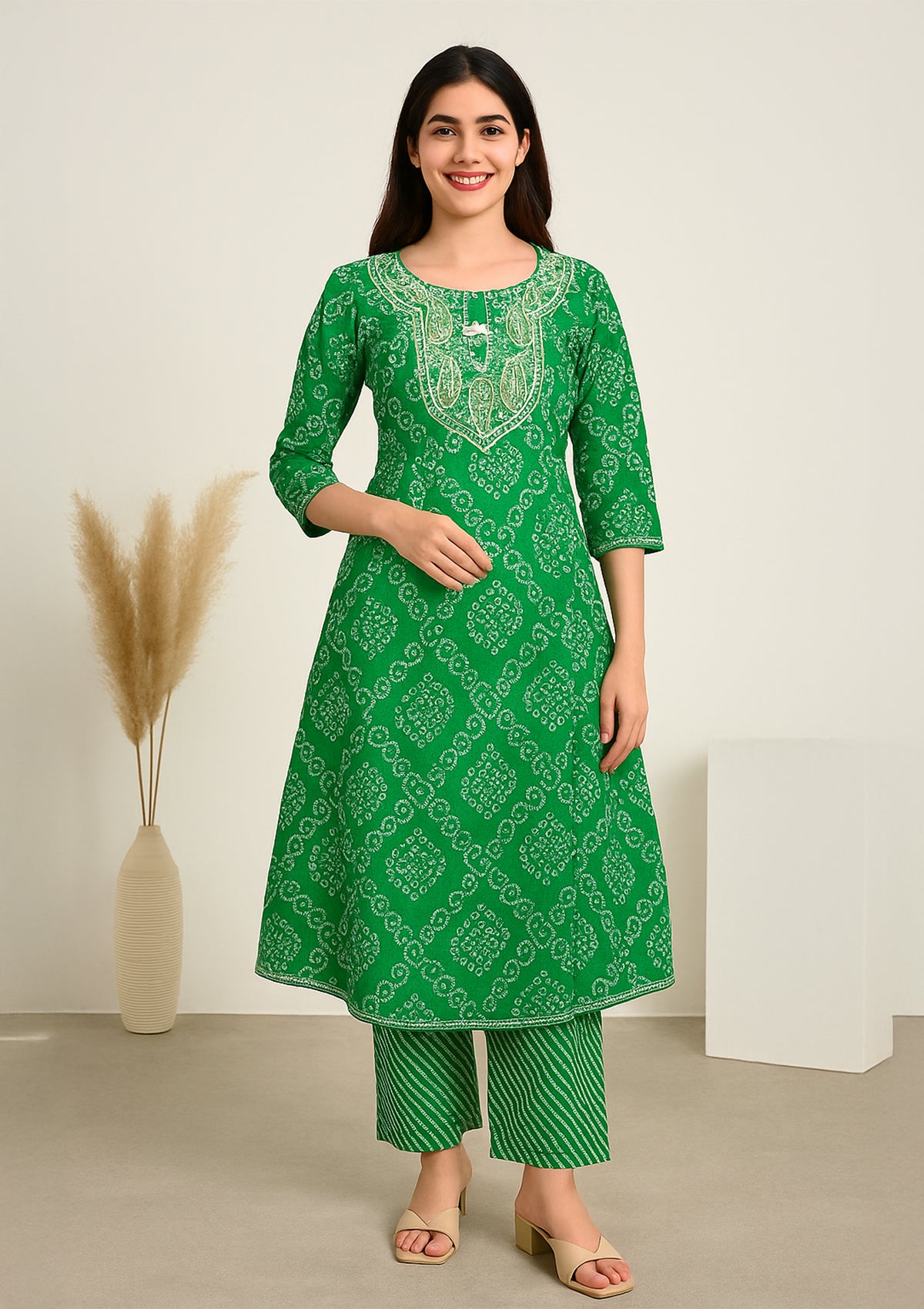 Green Cotton Stitched Suit Set with Intricate Embroidered Neckline