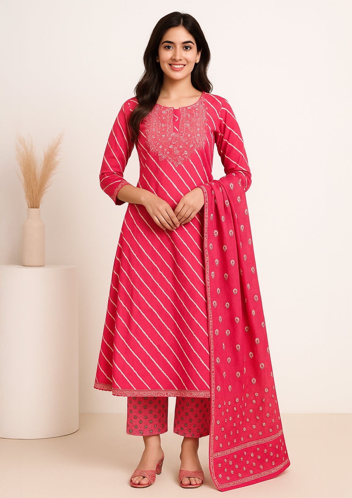 Pink Masleen Stitched Suit/Kurti Set with Embroidered Neckline
