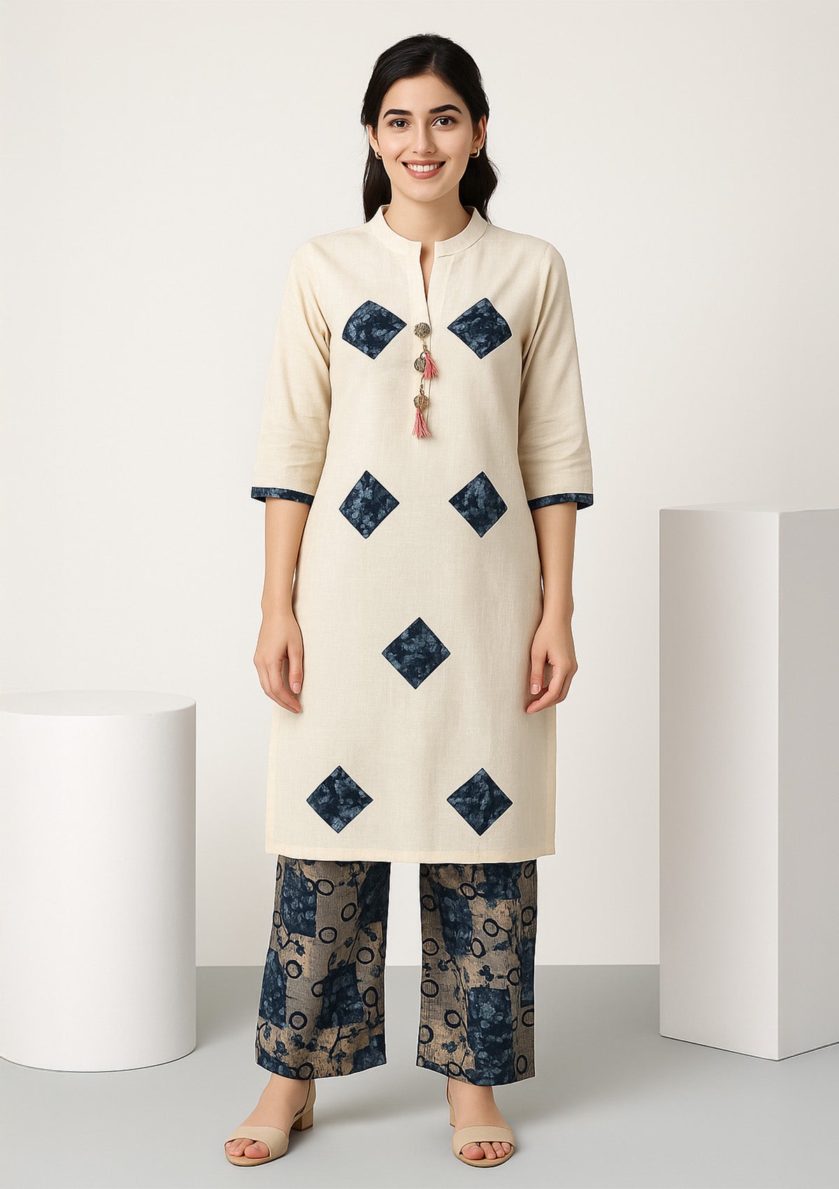 Elegant Cream Kurti with Artistic Navy Blue Patch Work