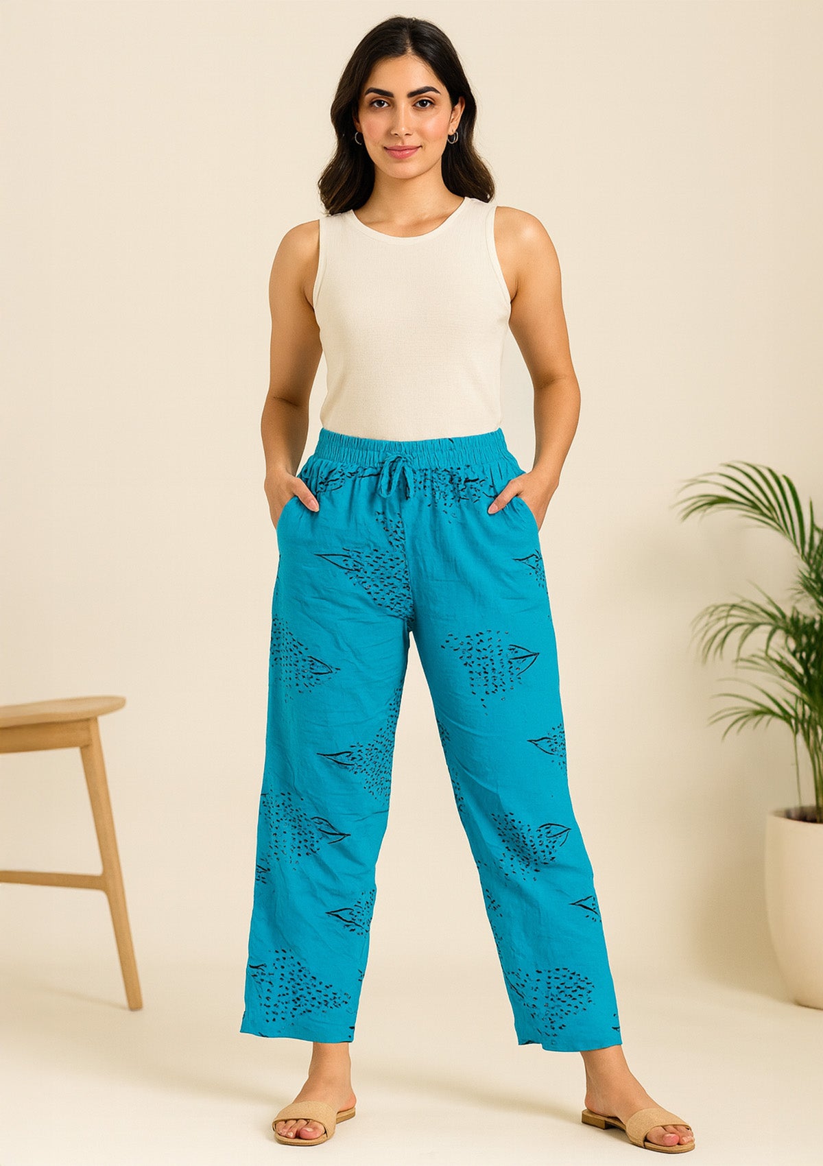 Women’s Blue Cotton Palazzo Pants – Abstract Star Print Straight Fit