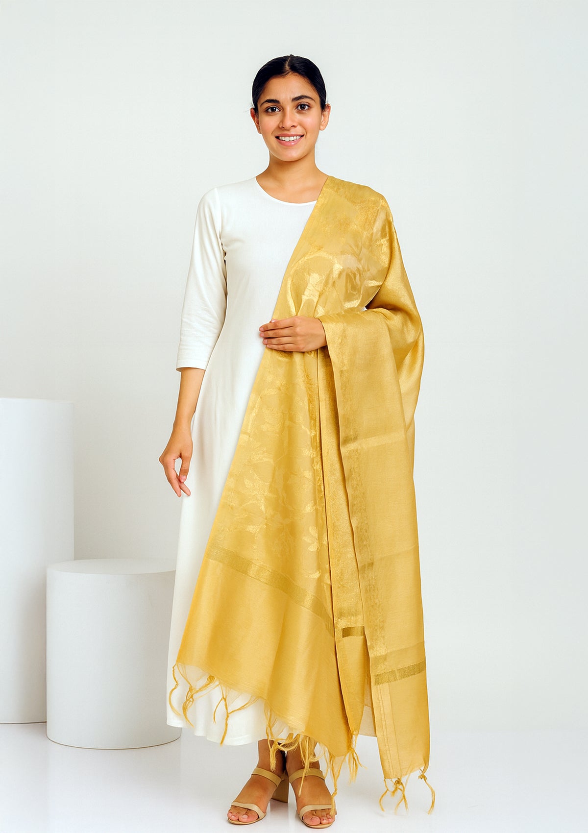 Golden Silk Dupatta with Subtle Floral Weaving & Classic Tassel Borders