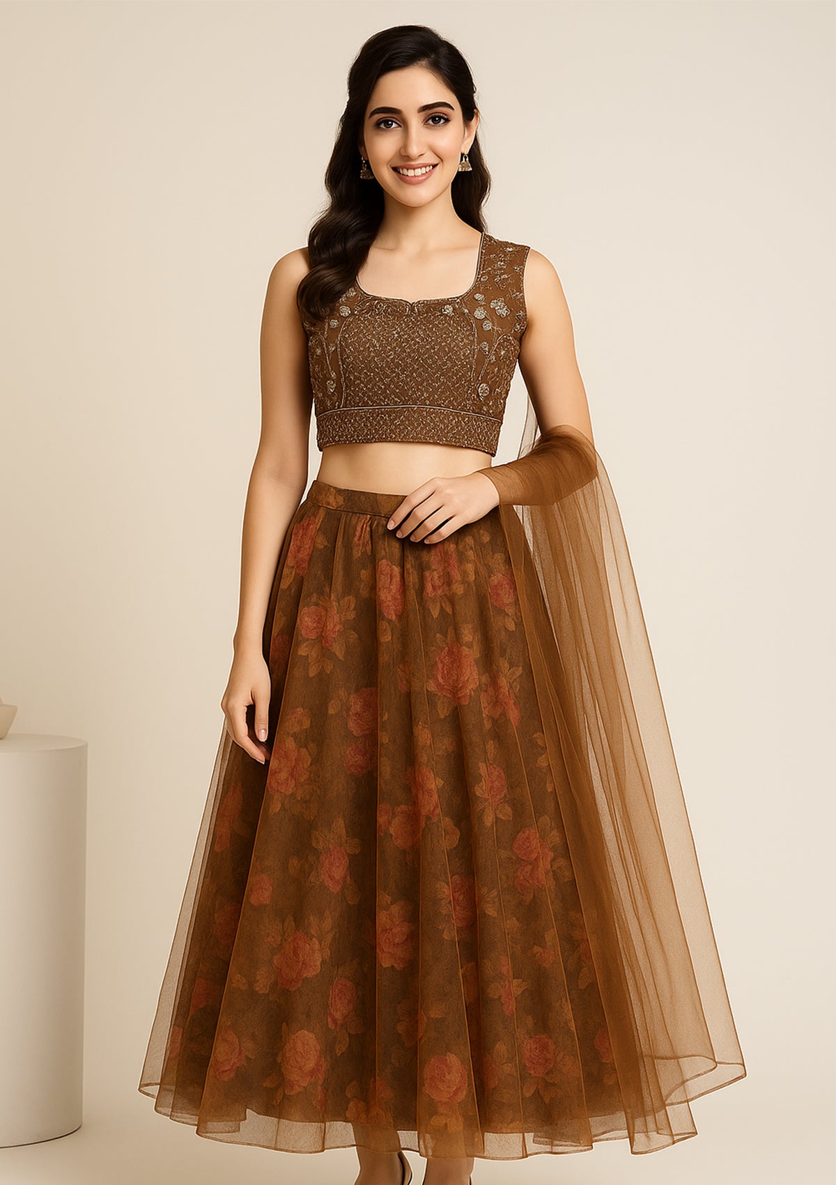 Brown Silk & Net Embroidered Crop Top with Floral Net Lehenga