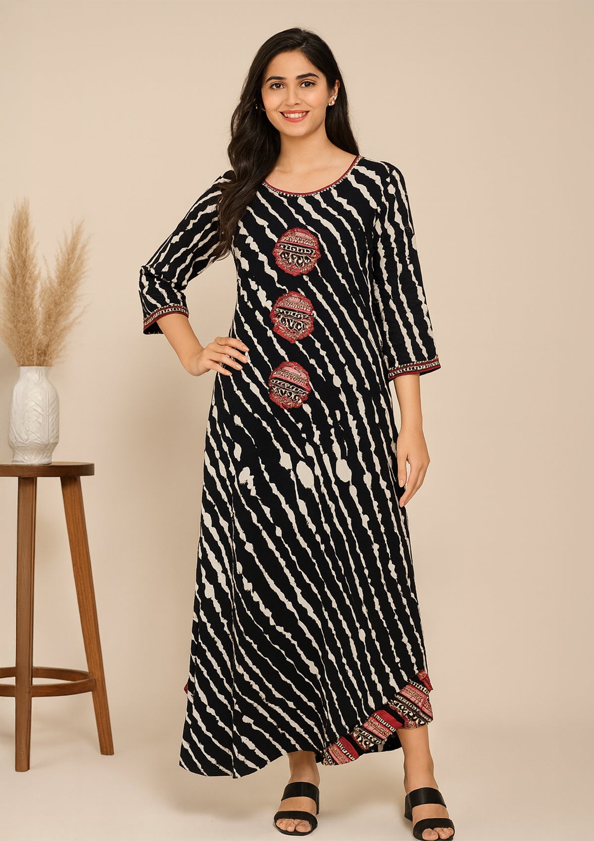 Trendy Rayon Black & White with Red Printed Kurti – Size M