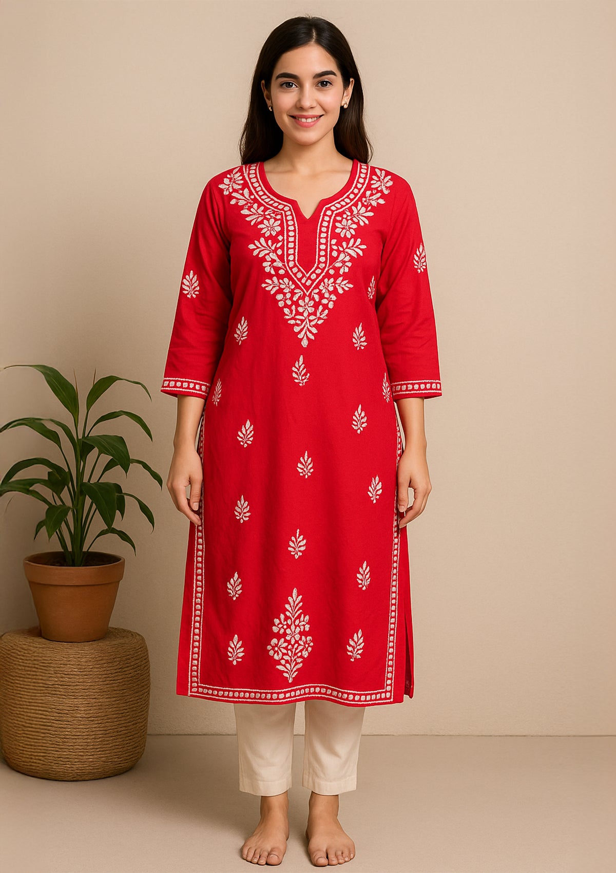 ClothingSutra Chikankari Embroidered Rayon Kurti – Elegant Red 46