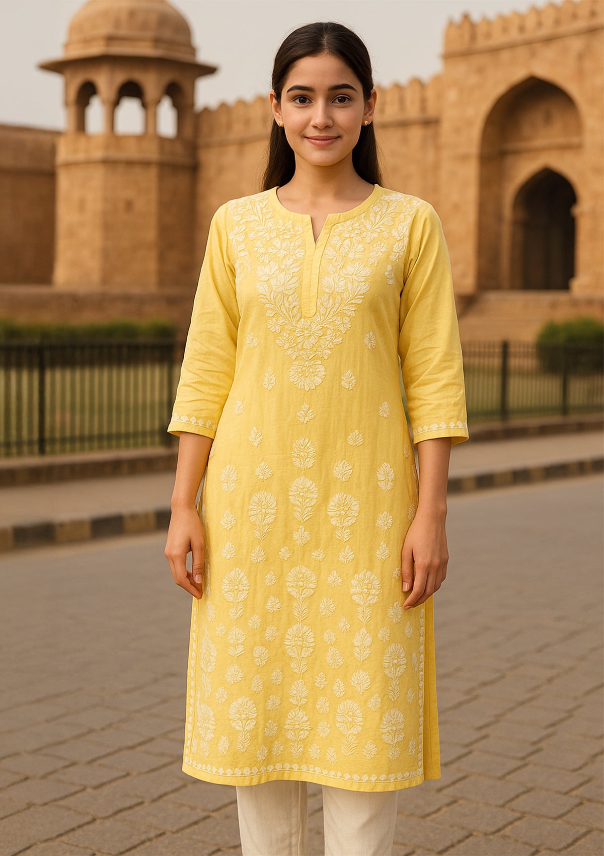 Chikankari Solid Women’s Long Kurta – Lemon Yellow
