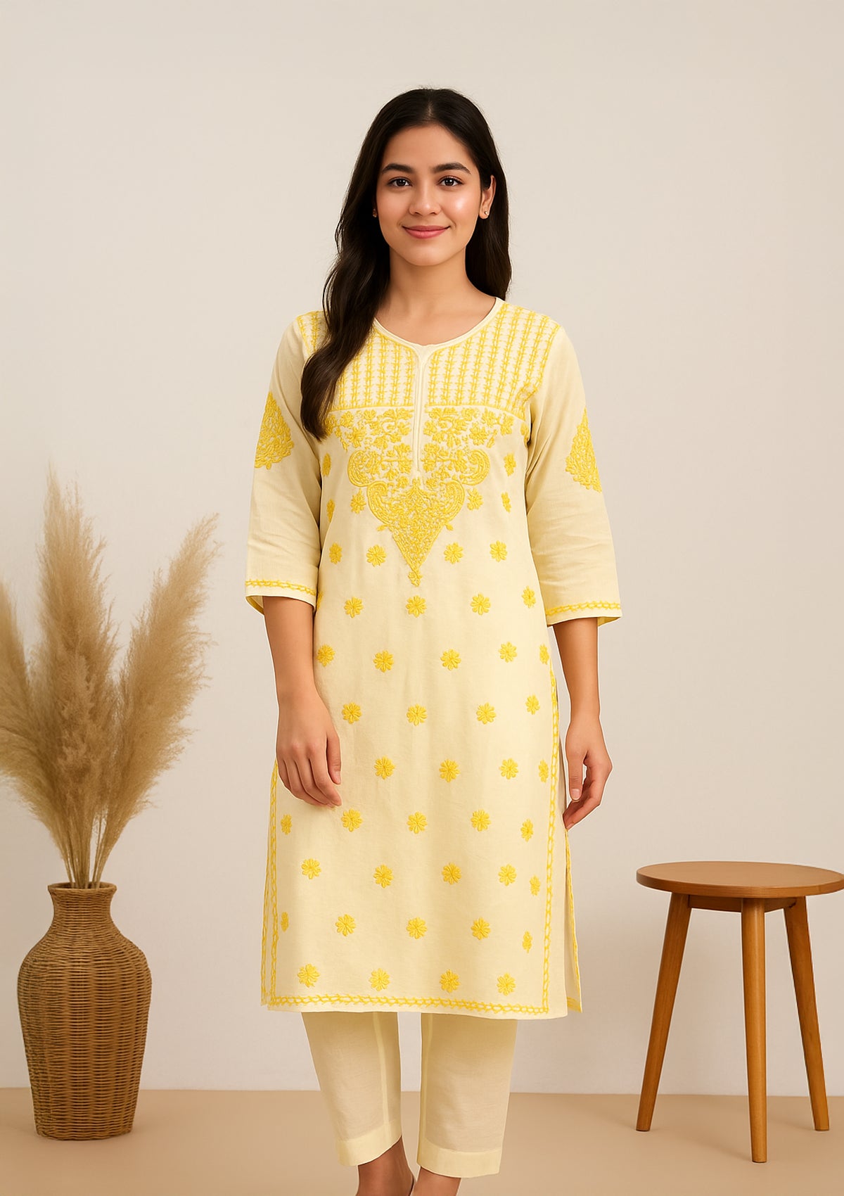 Chikankari Embroidered Women’s Kurti – Yellow (Cotton)