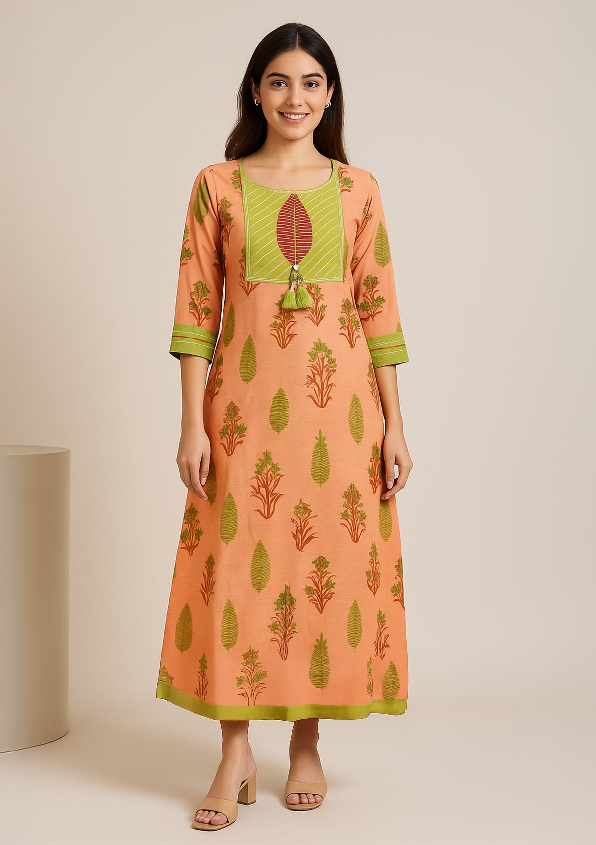 Peach Chanderi Silk Straight Kurti with Green Embroidered Yoke