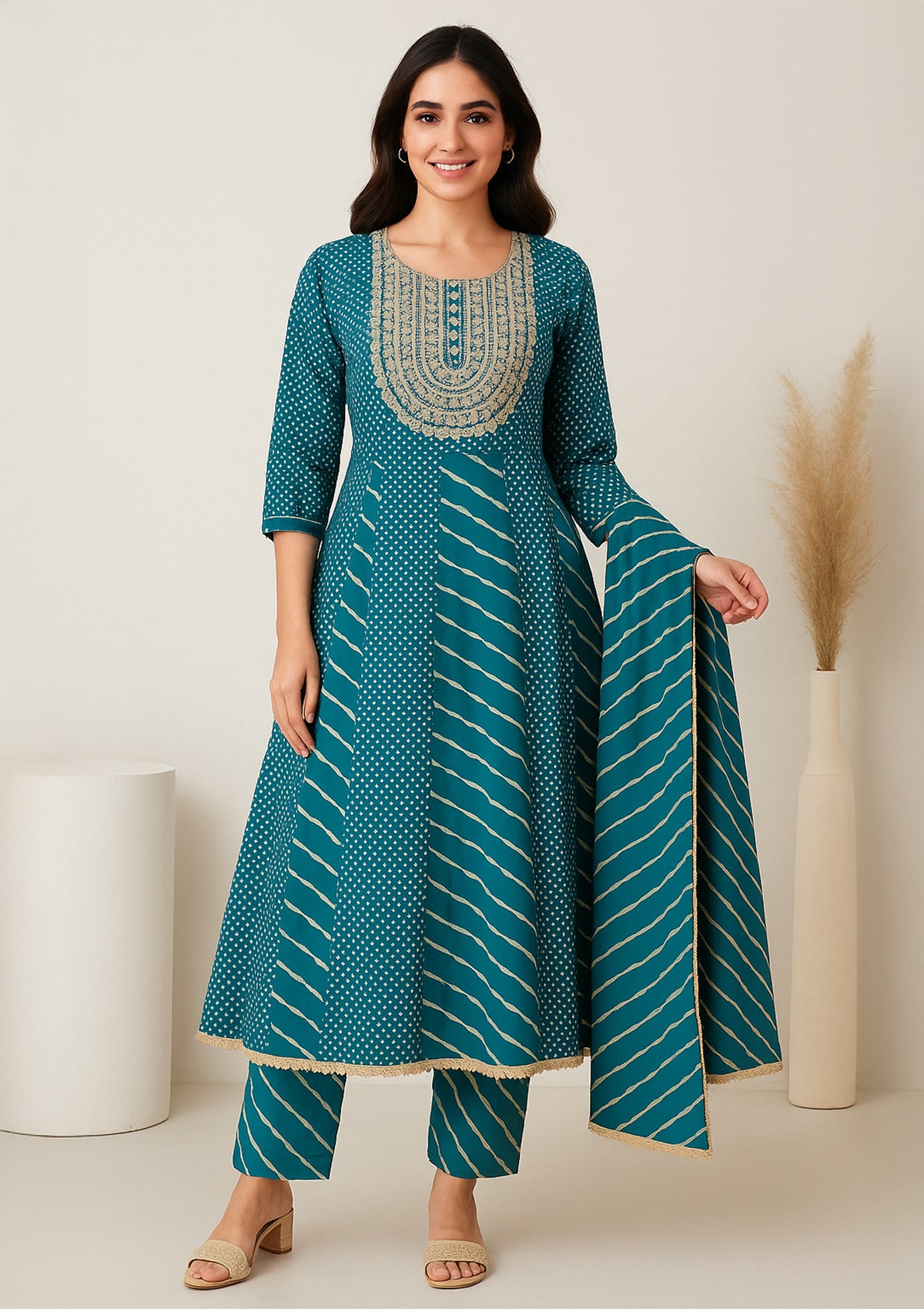 Teal Blue Cotton Kurti Set with Dupatta – Elegant Neck Embroidery