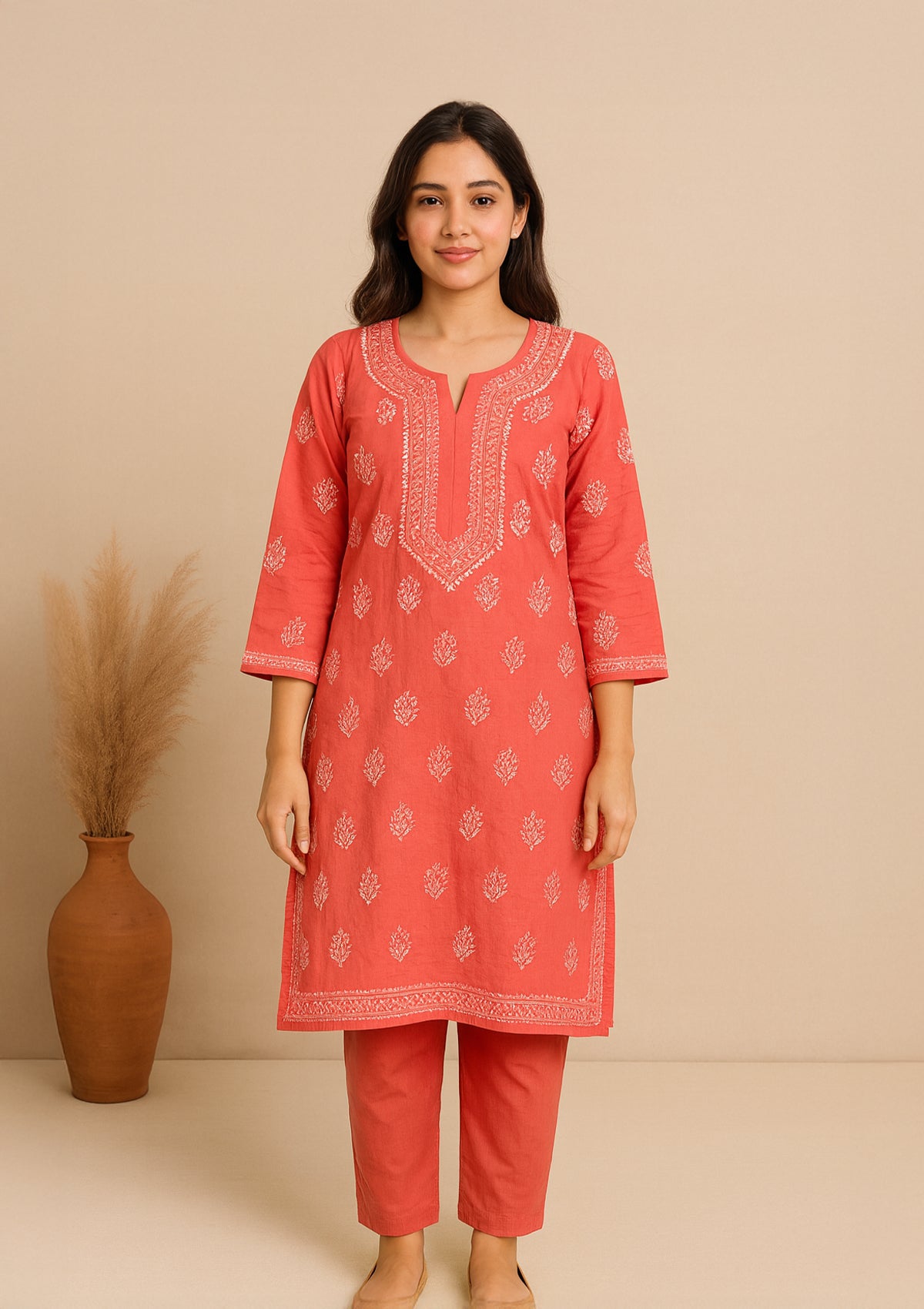 Chikankari Cotton Women’s Kurta – Coral Red