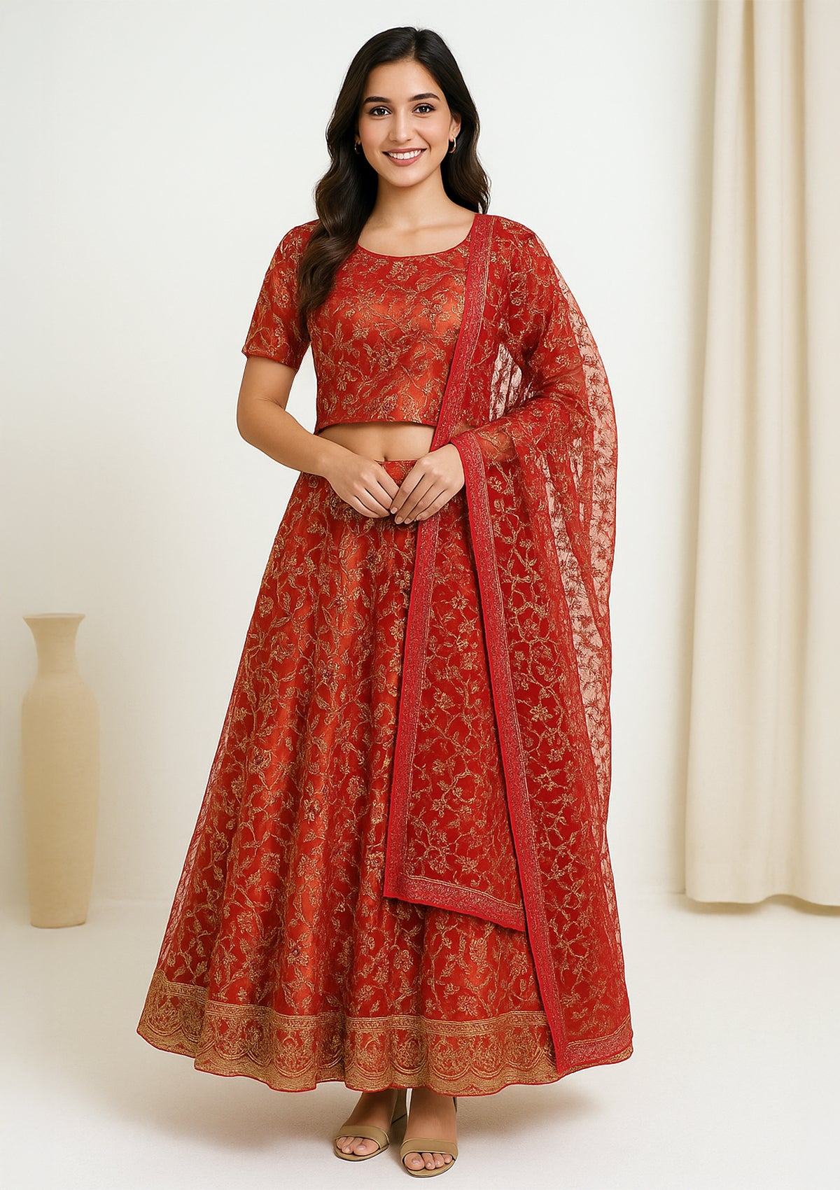 Elegant Red Silk Ghagra Choli with Golden Embroidery & Dupatta