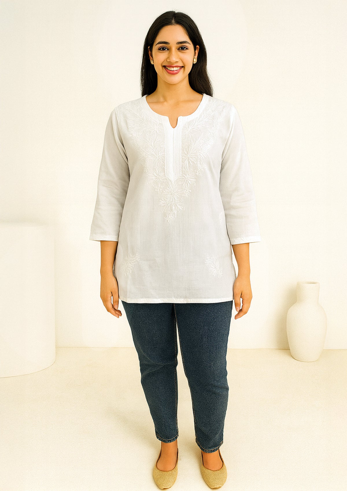 Elegant White Cotton Short Kurti with Intricate Tonal Embroidery