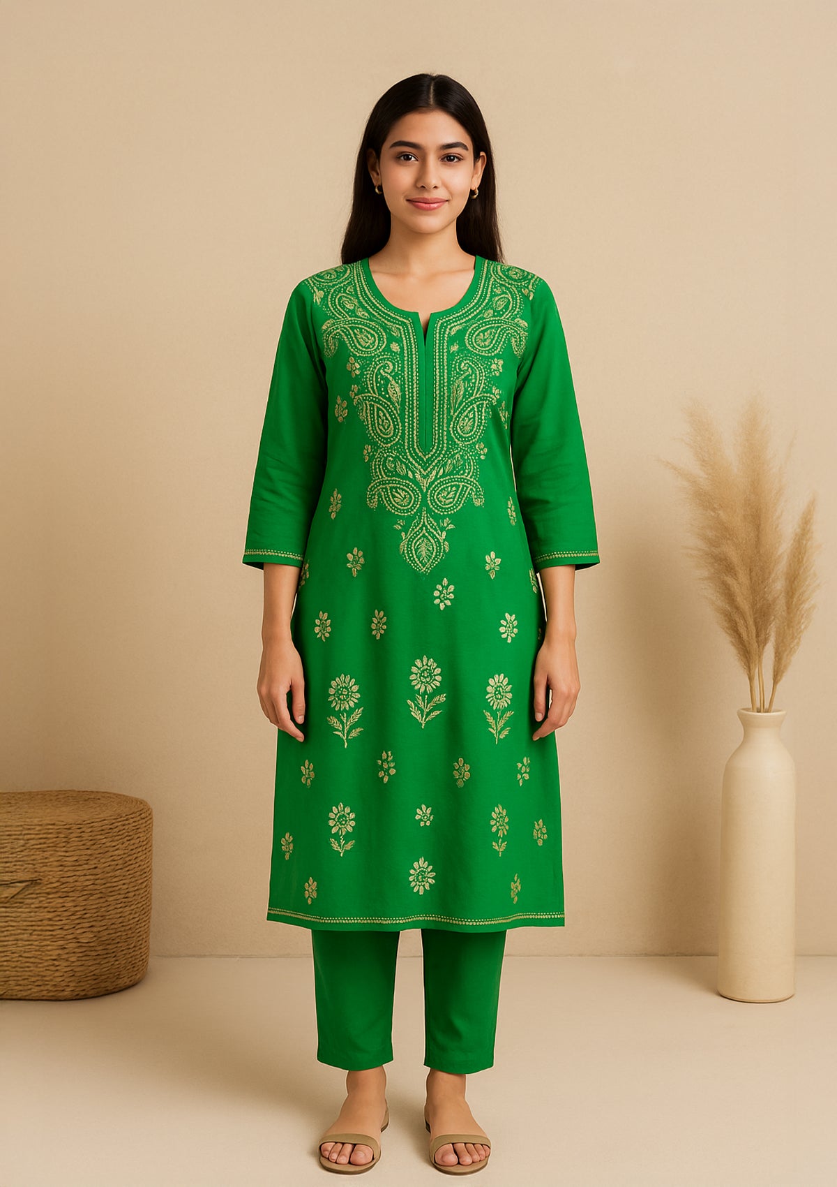 ClothingSutra Green Cotton Embroidered Kurti with Golden Touch 46