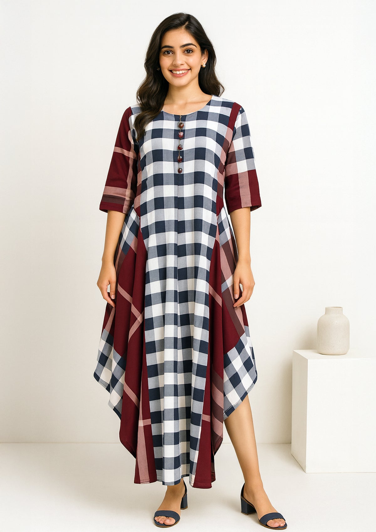 Checkered Maroon & Navy Georgette Gown – Stylish XL Long Dress