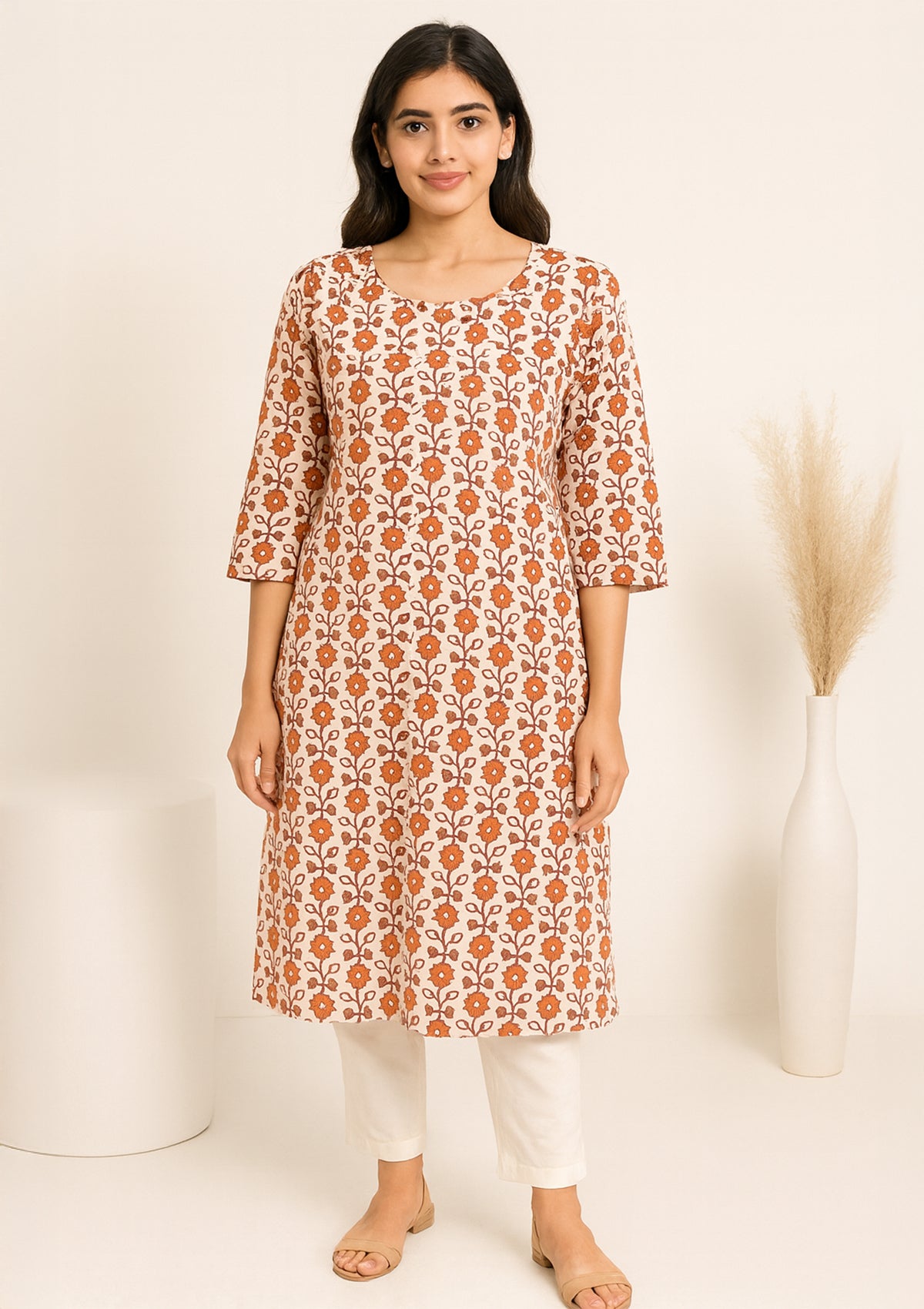 Beige & Rust Floral Printed Cotton Kurti - 3XL
