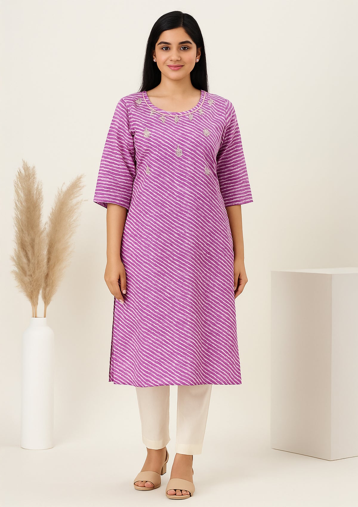 Purple Cotton Kurti with Minimal Gota Patti Neck Detailing