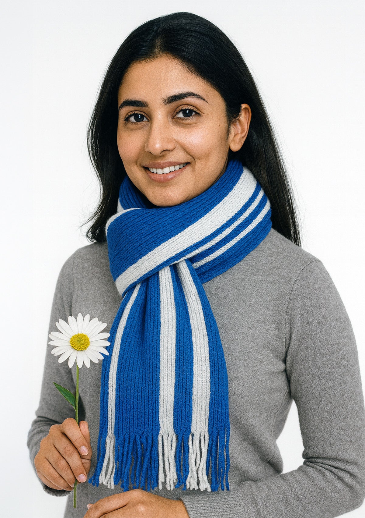 Women’s Blue & White Striped Winter Scarf – Soft Woolen Knit