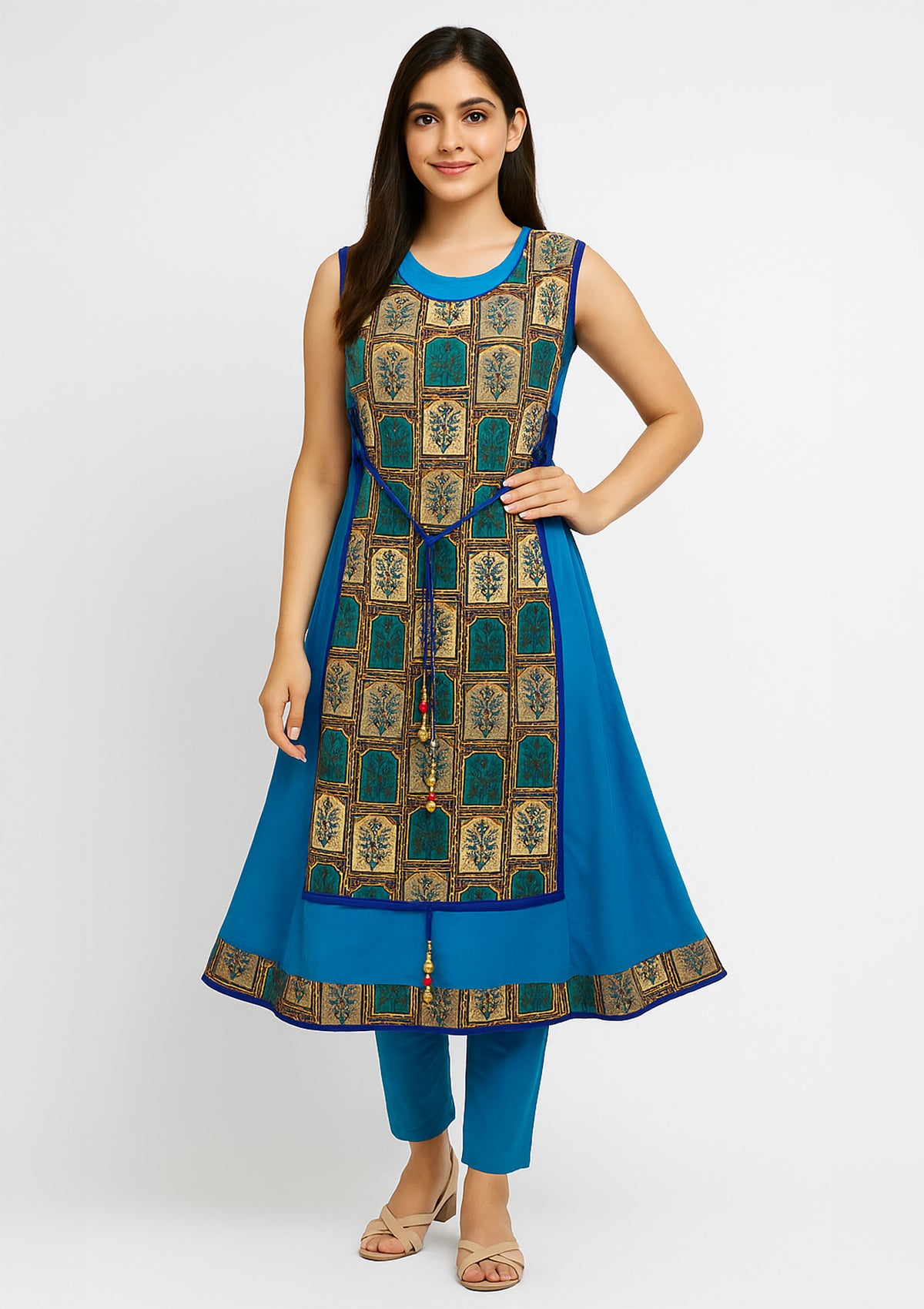 Blue Shades Printed Designer Layered Rayon Kurti