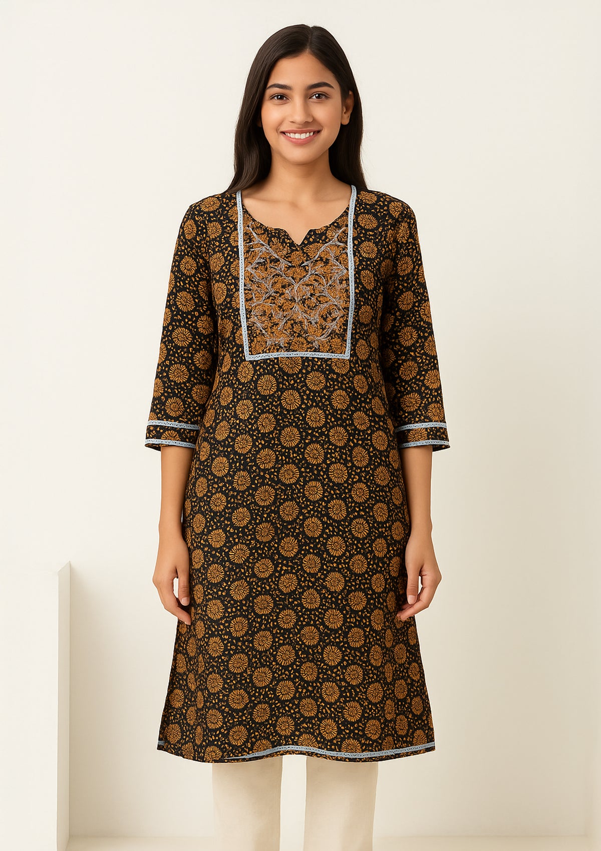 Black & Orange Printed Cotton Kurti with Silver Embroidery