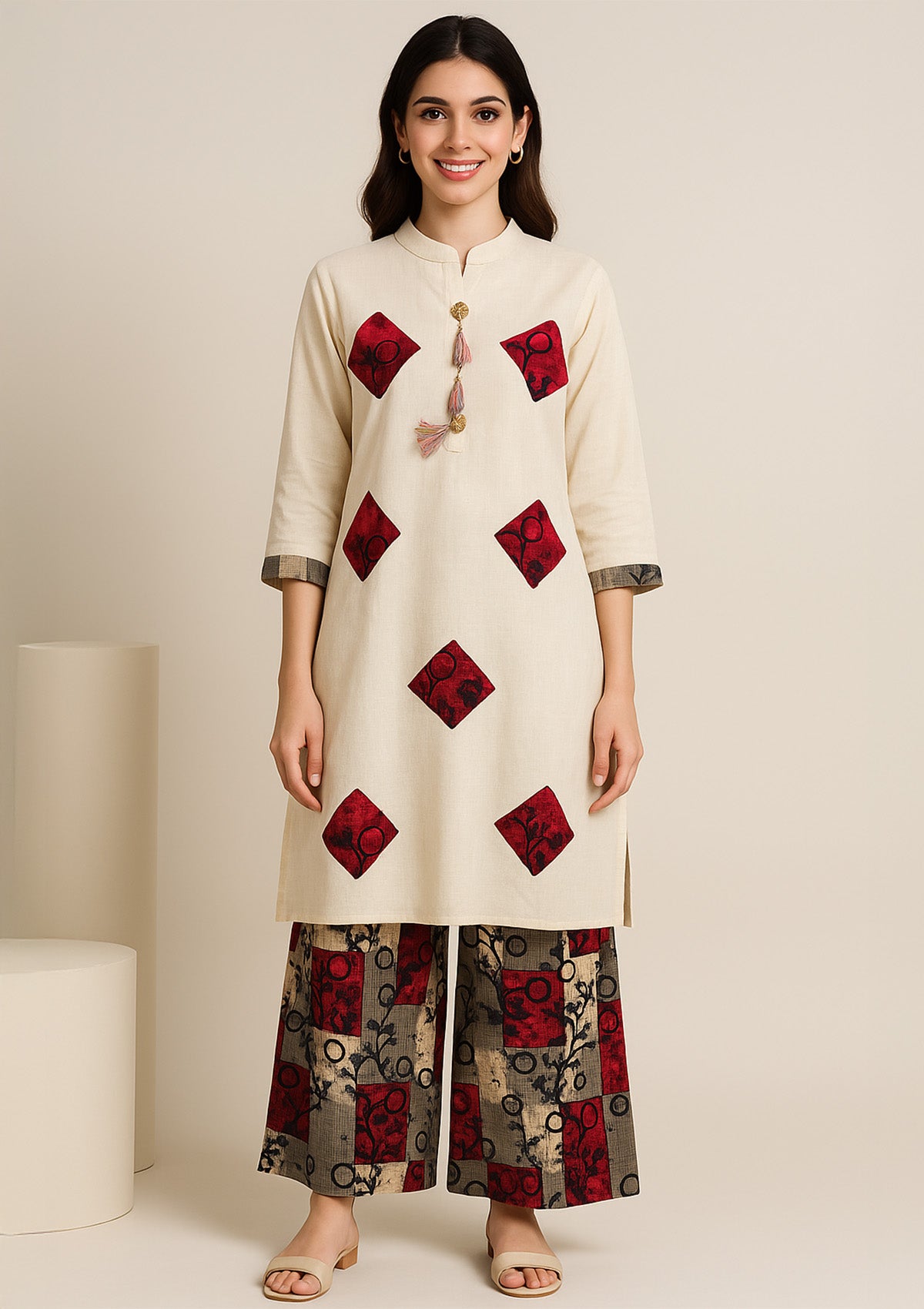 Elegant Cream Cotton Kurti with Maroon Artistic Patch Work