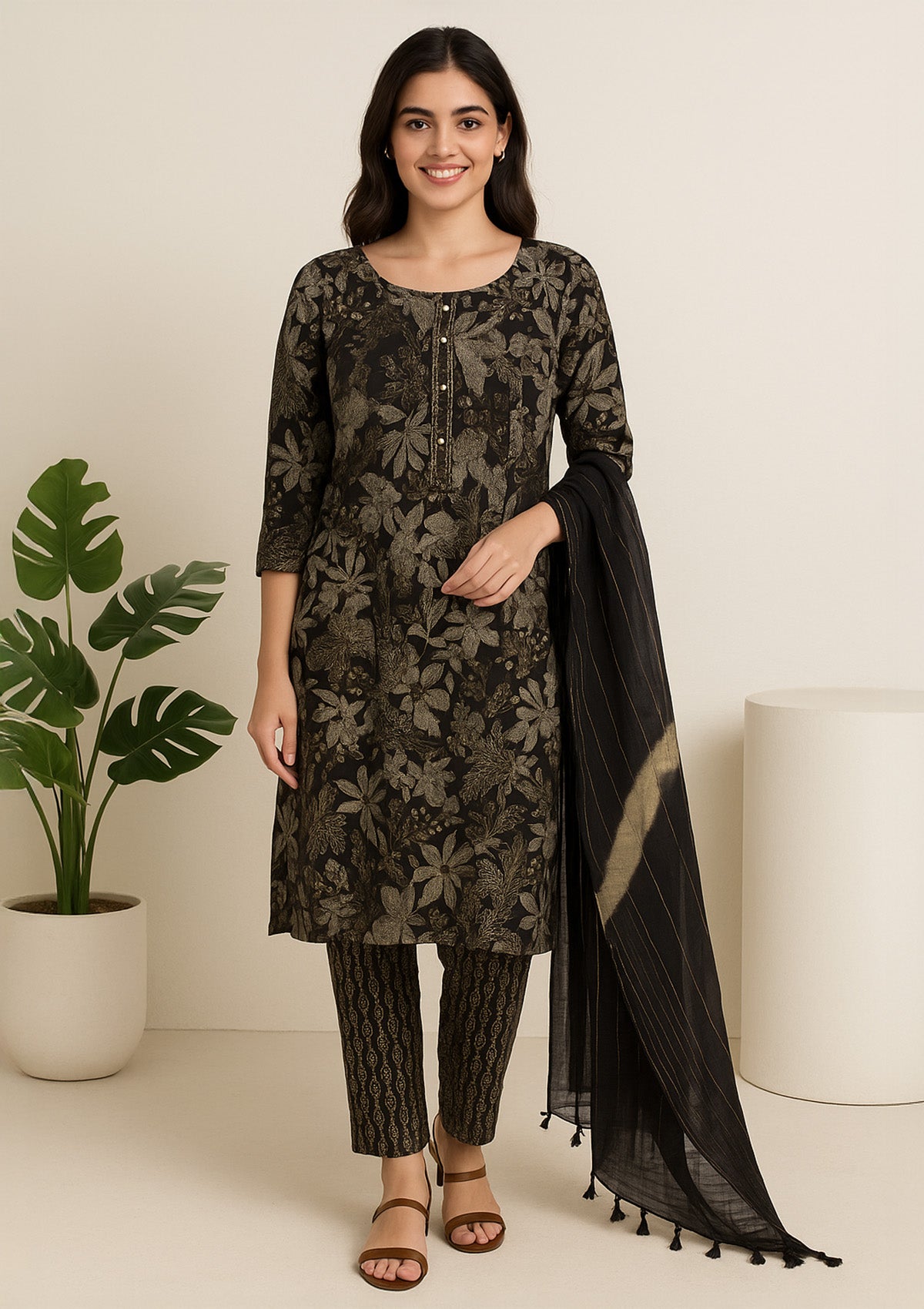 Black and Gold Floral Georgette Kurti Set – Festive Designer Straight Kurta