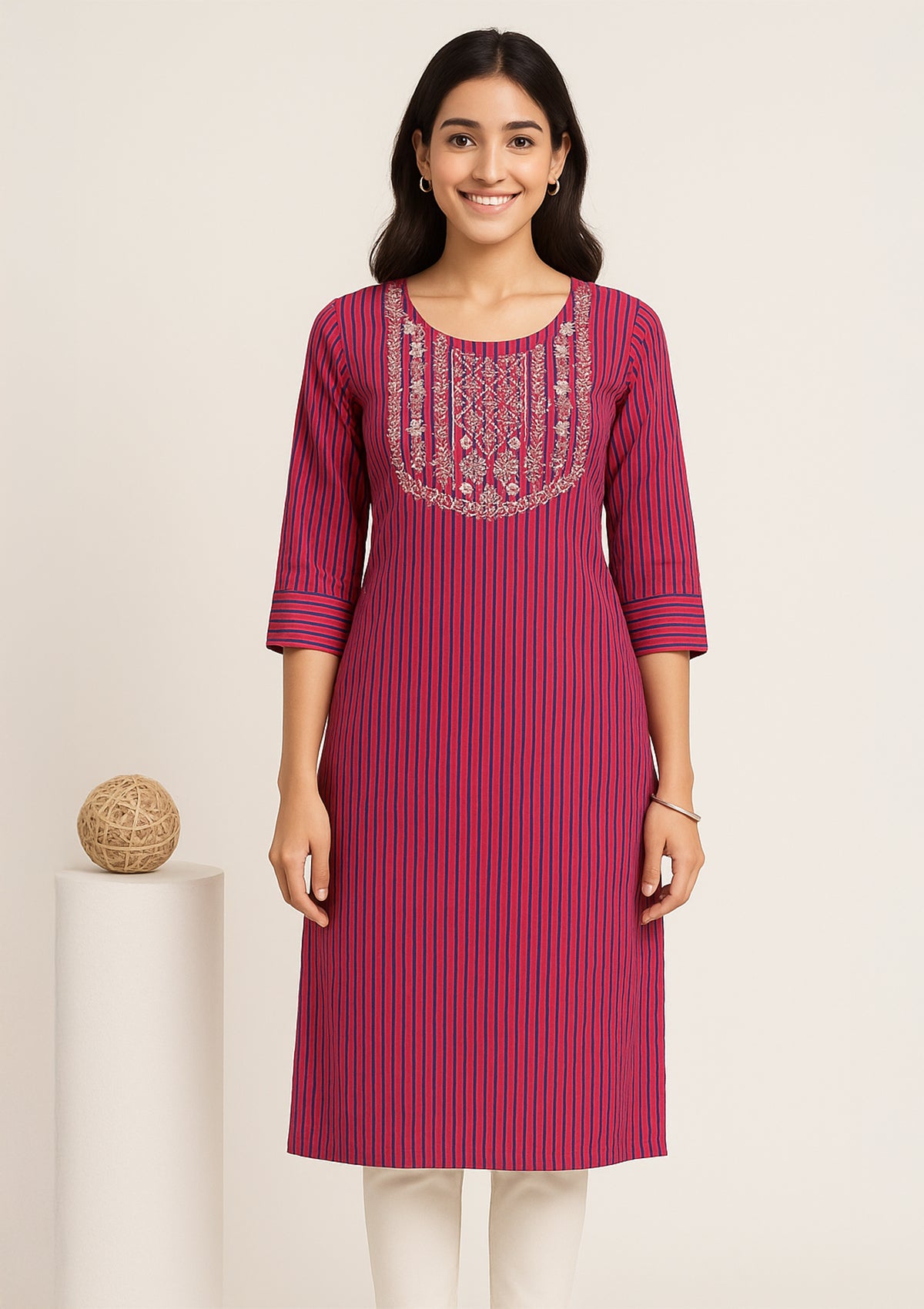 Magenta Striped Cotton Kurti – Minimal Neck Embroidery