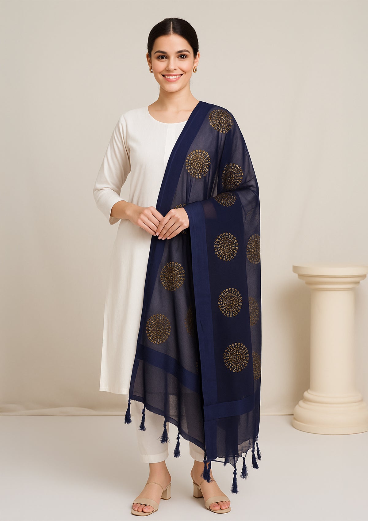Banarasi Navy Blue Dupatta with Golden Motifs - Silk Dupatta