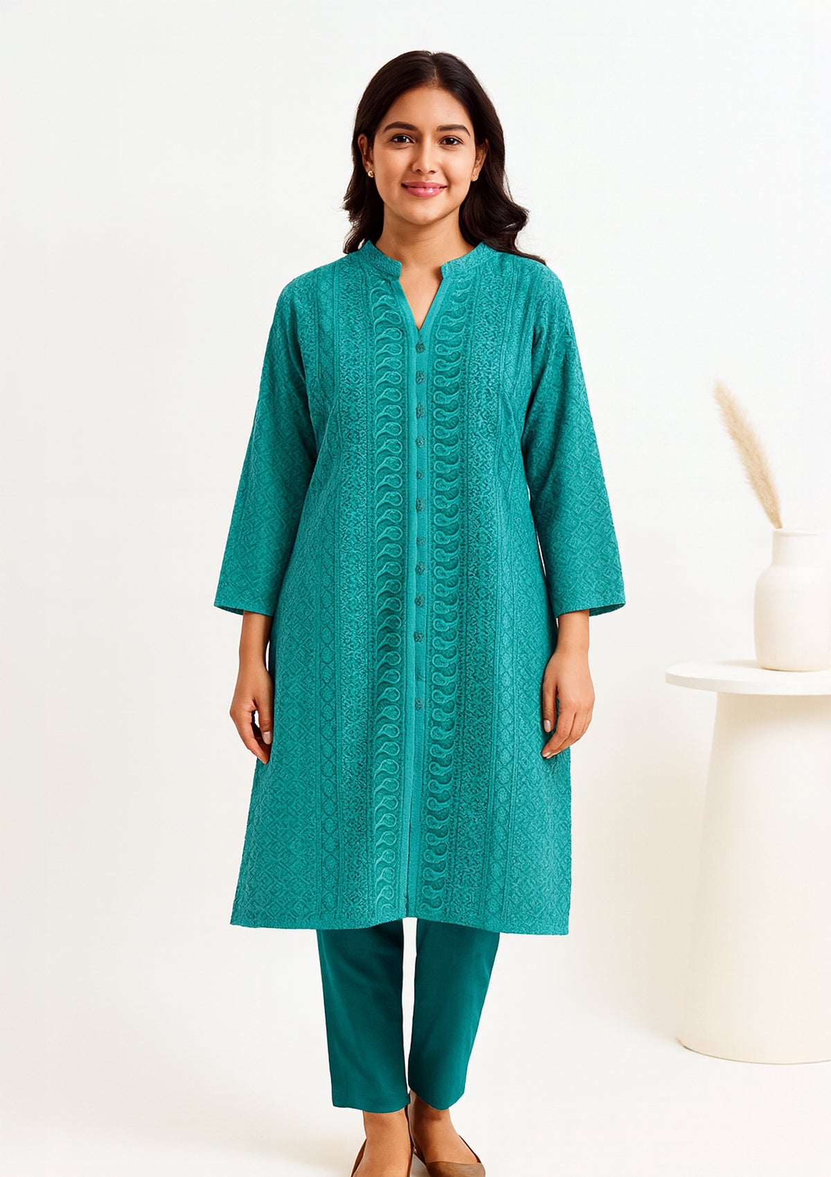 ClothingSutra Teal Georgette Long Kurti with All-Over Chikankari Embroidery 48
