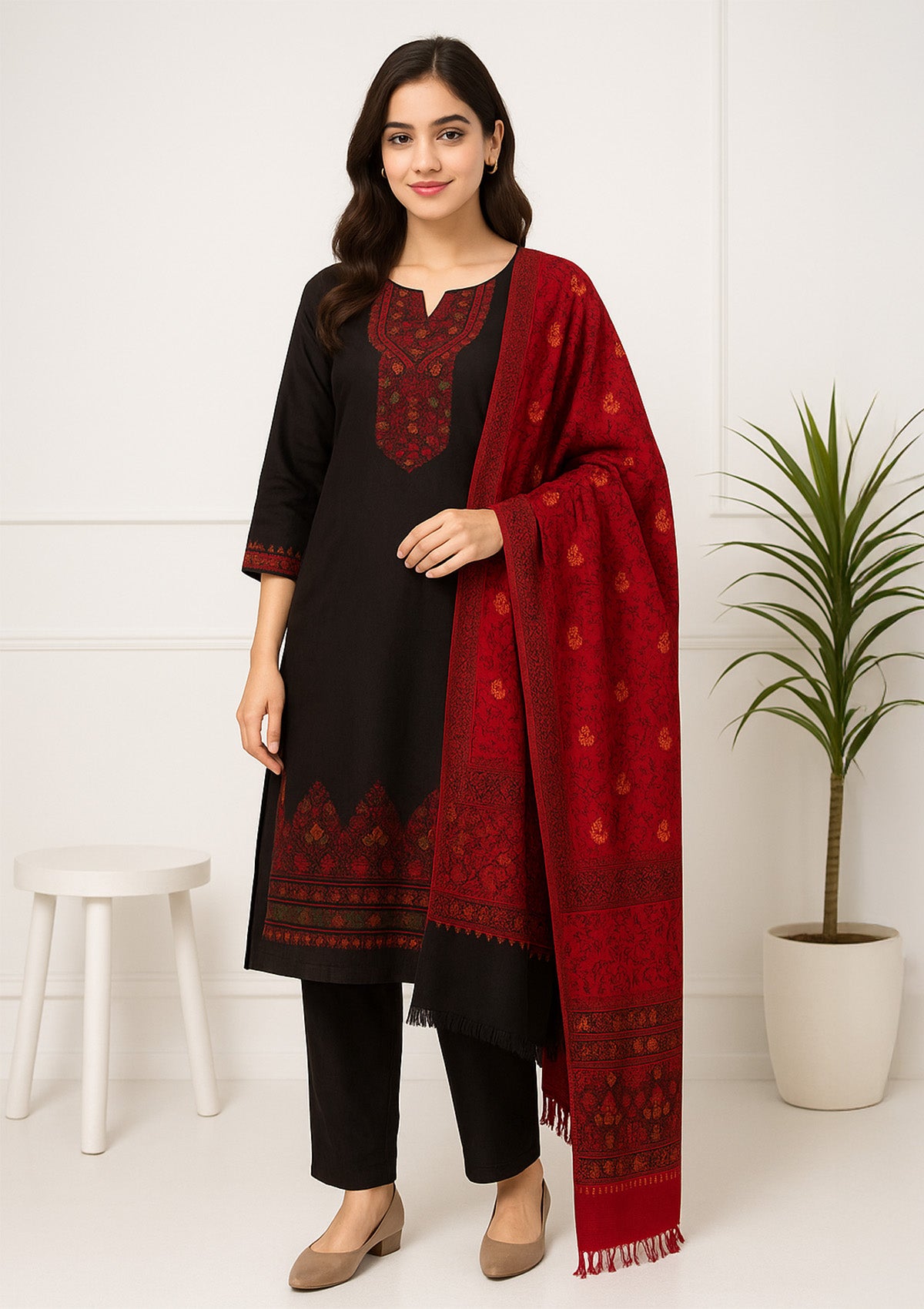 Unstitched Woolen Suit Set with Stole – Embroidered Neck Panel