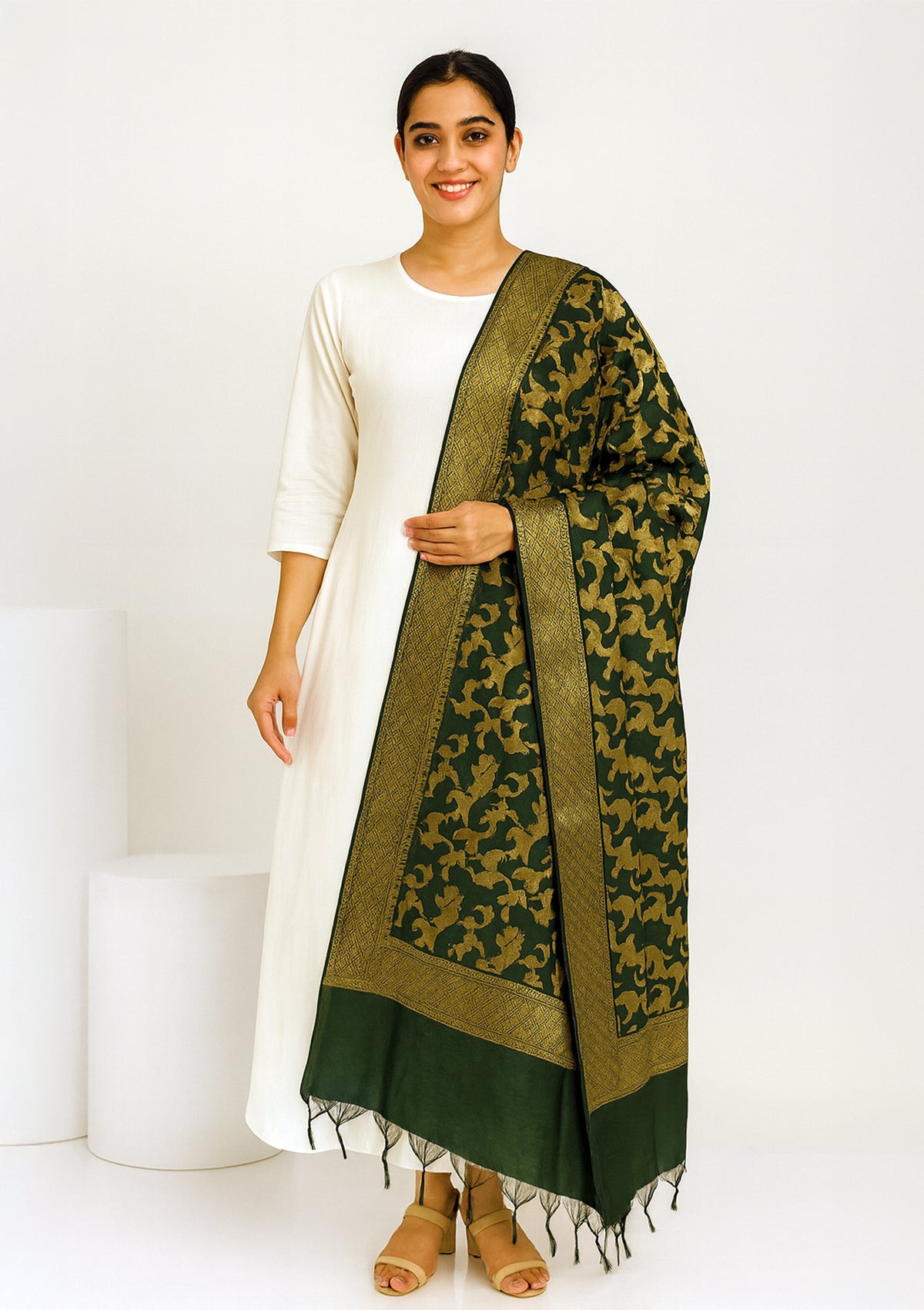 Green Chanderi Silk Dupatta with Golden Floral Weaving