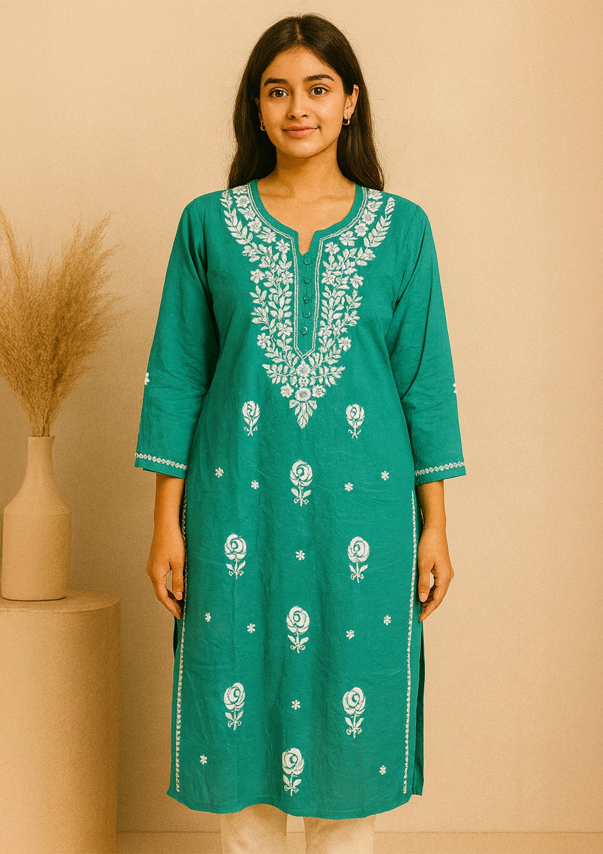 Chikankari Embroidered Women’s Kurta – Emerald Green (Rayon)