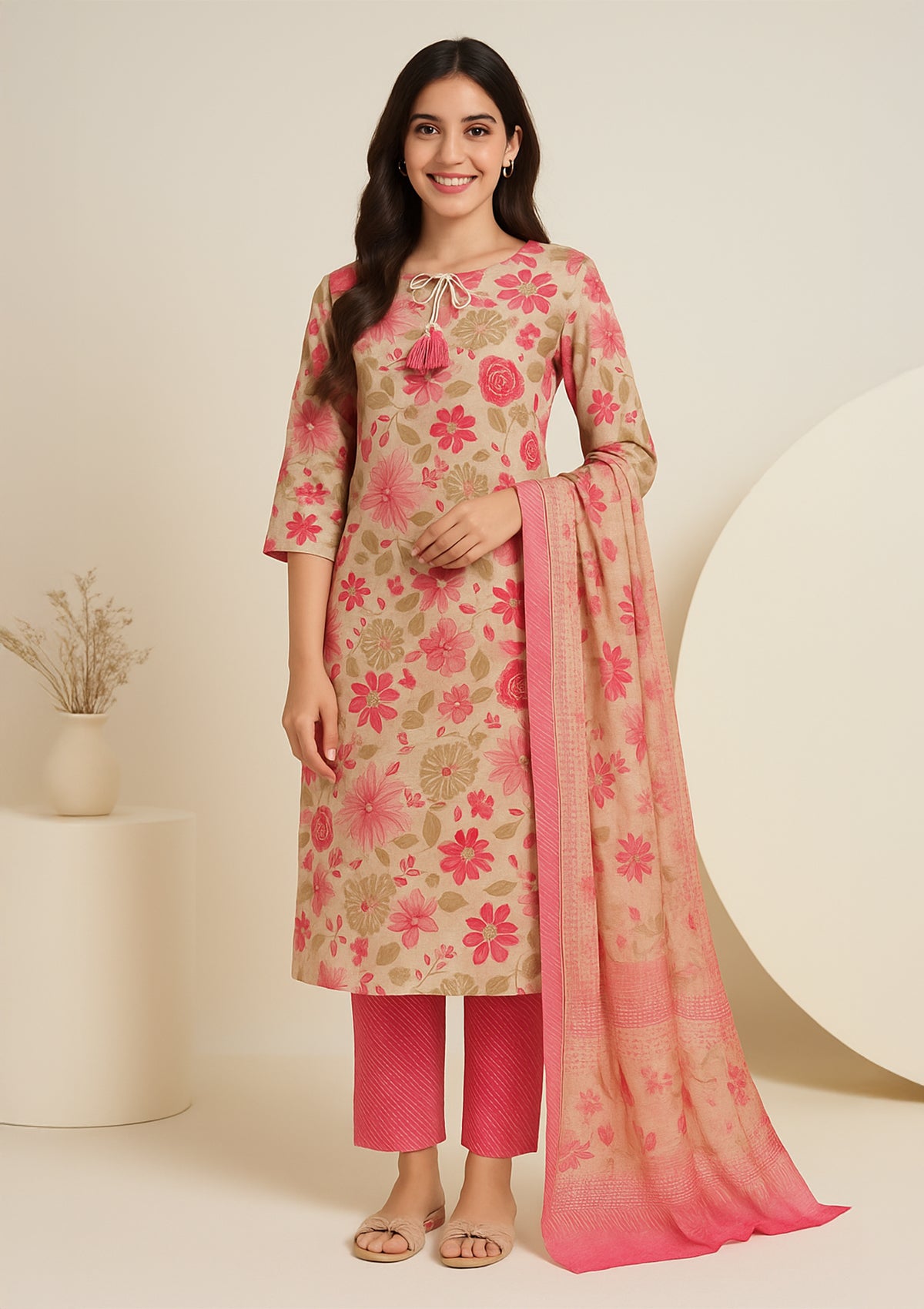 Floral Printed Cotton Kurti Set with Dupatta | Stylish Stitched Suit