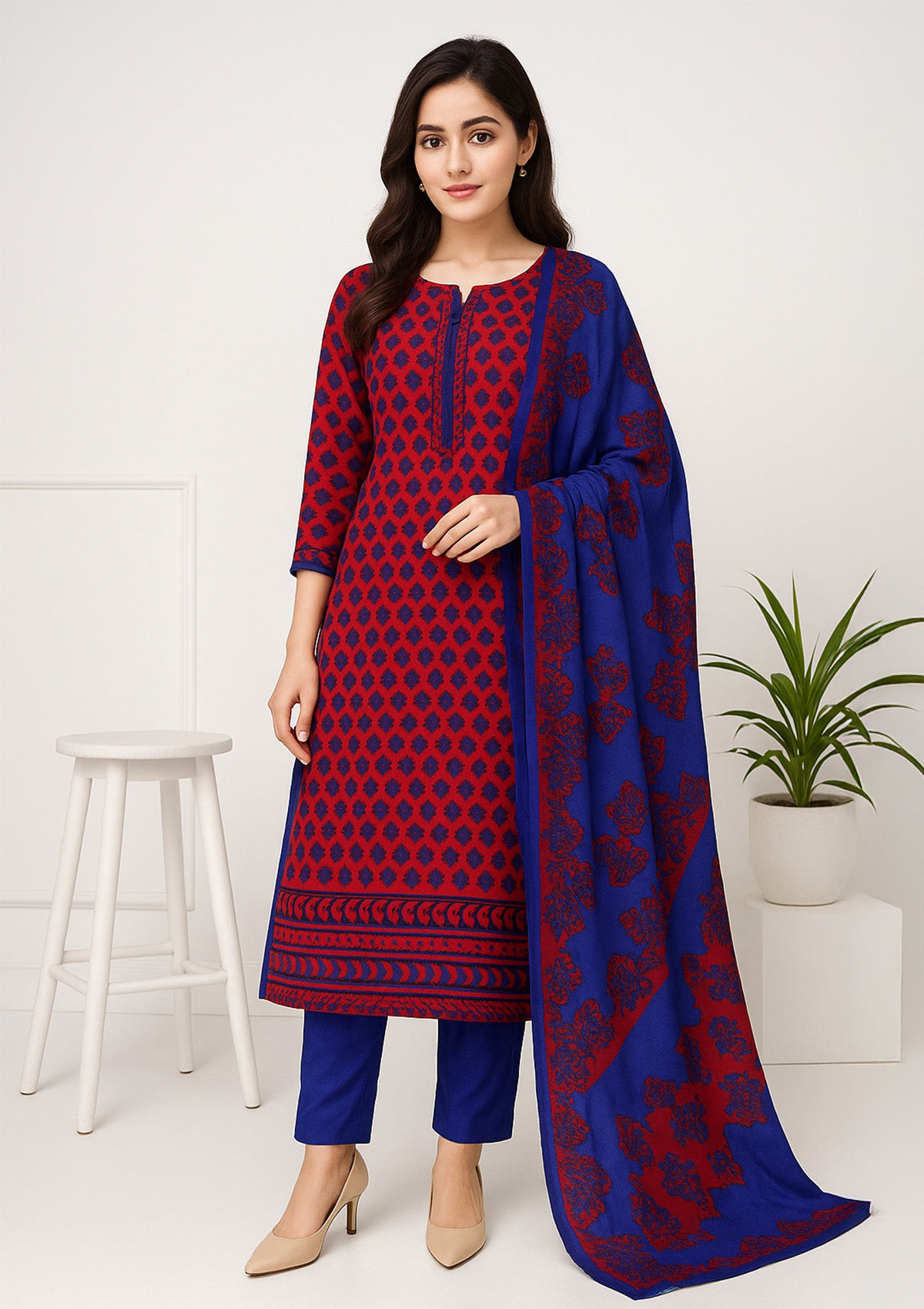 Unstitched Winter Suit Set with Chiffon Dupatta – Red & Blue Print