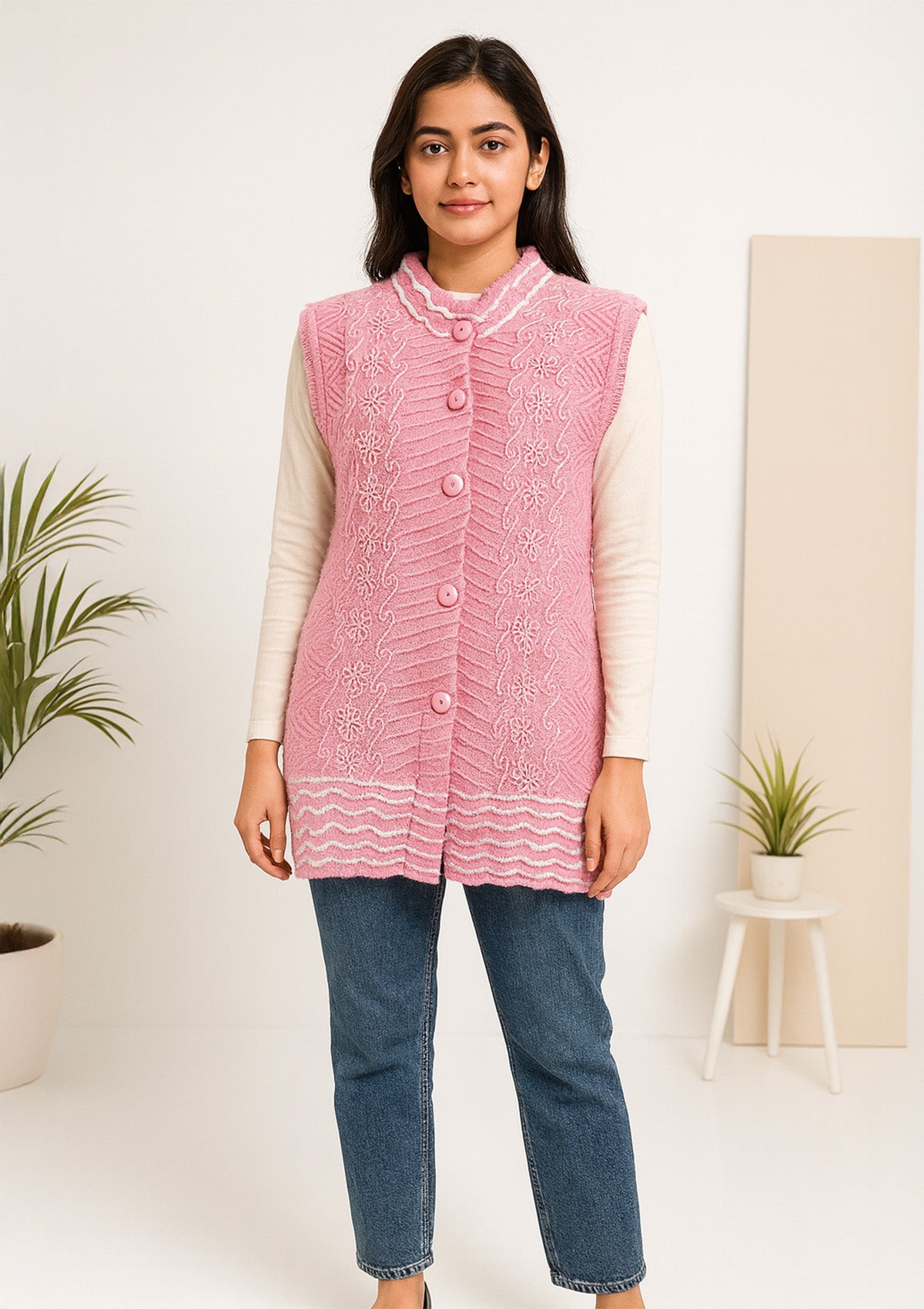 Pink Sleeveless Knit Cardigan – Mock Neck & Embroidered Panels
