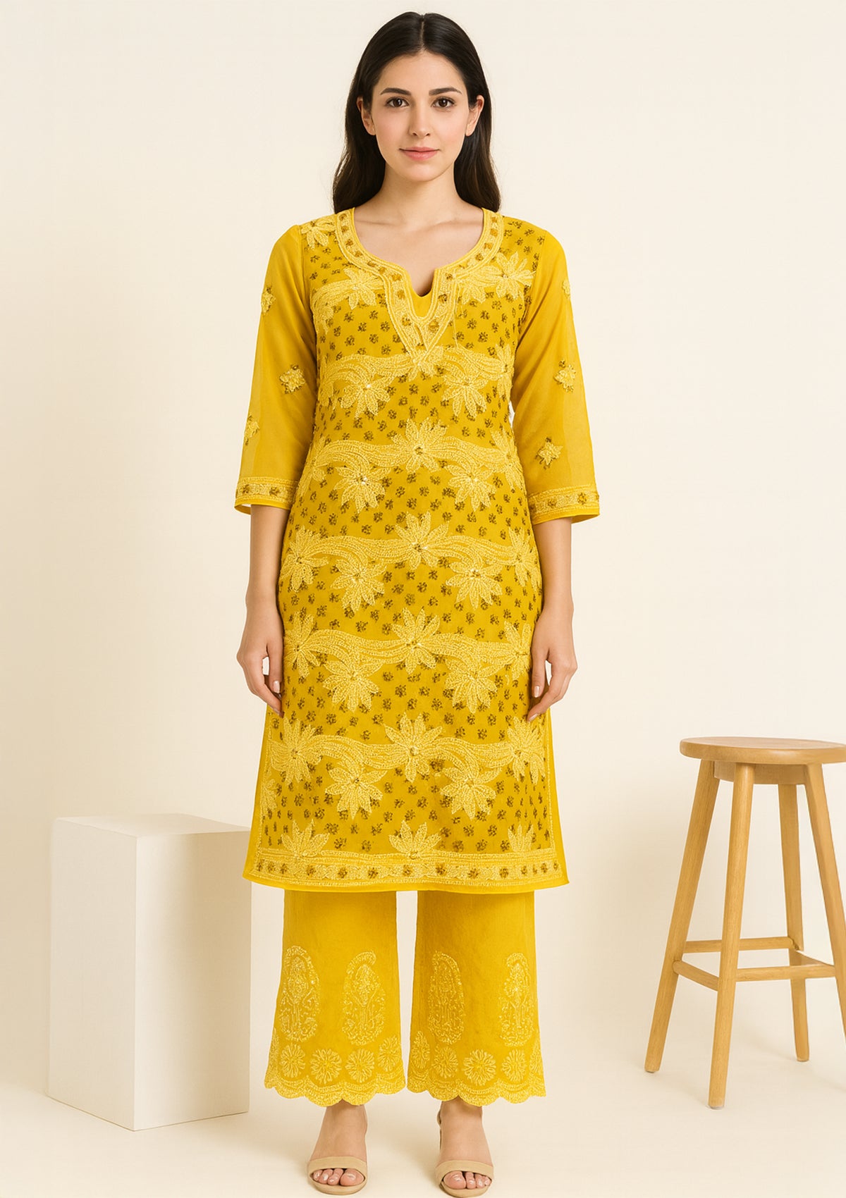Yellow Georgette Kurti with Chikankari Embroidery – Ethnic Wear