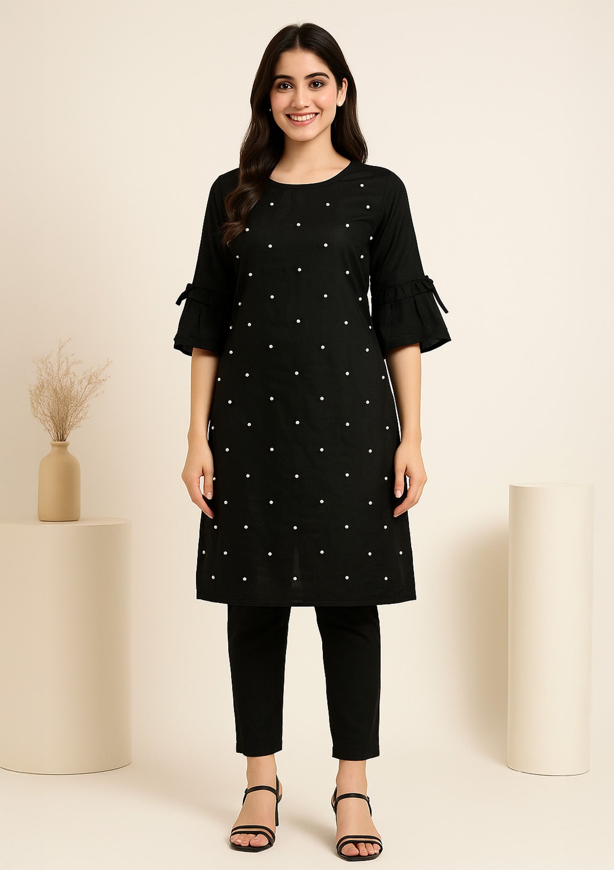 Stylish Black Cotton Kurti with Decorative Pearl Embellishments