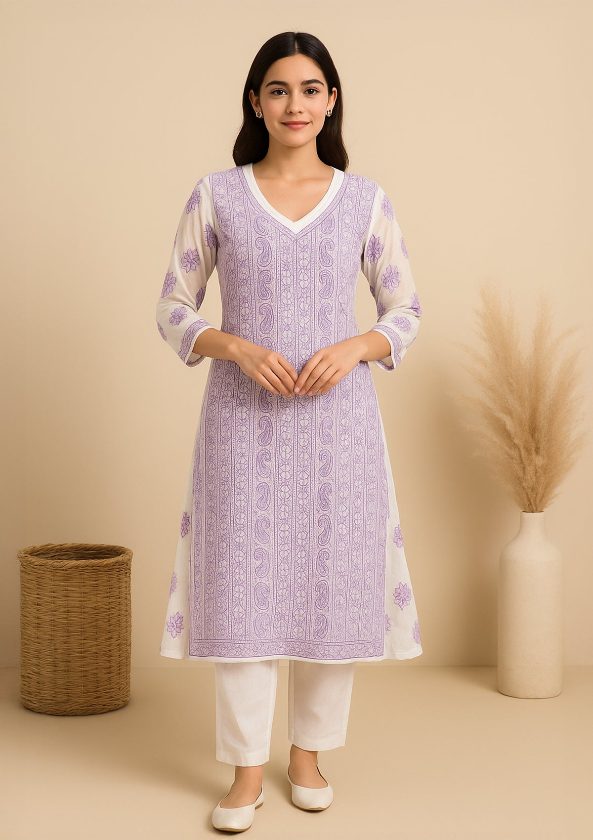 ClothingSutra Lavender White Georgette Kurti with Delicate Thread Embroidery 42