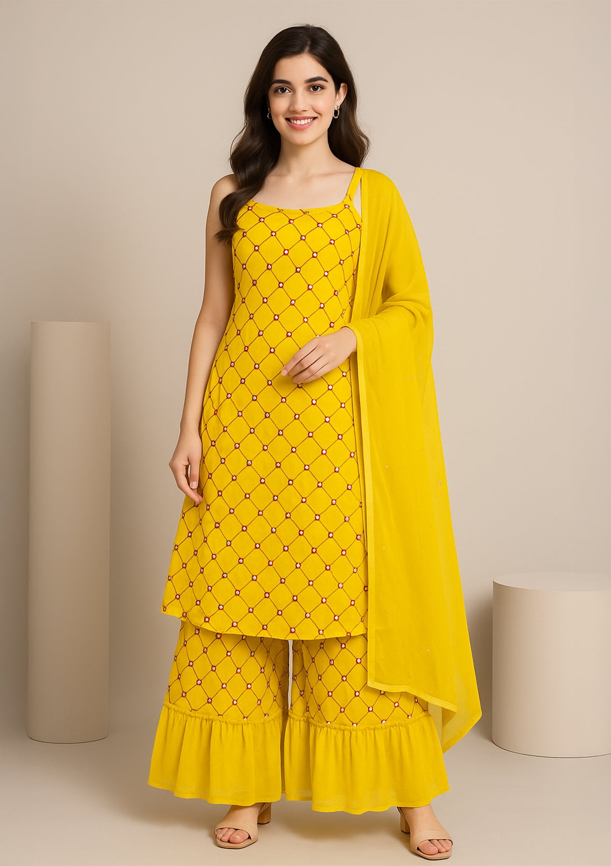 Bright Yellow Georgette Sharara Suit with Dupatta – Festive Ethnic Wear