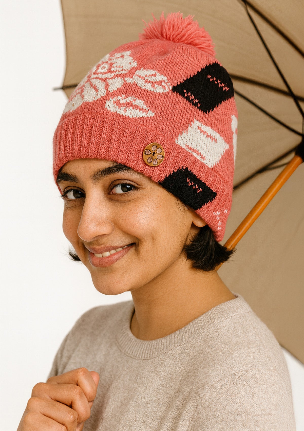Women’s Pink Floral Woolen Winter Cap – Decorative Beads, Pom-Pom