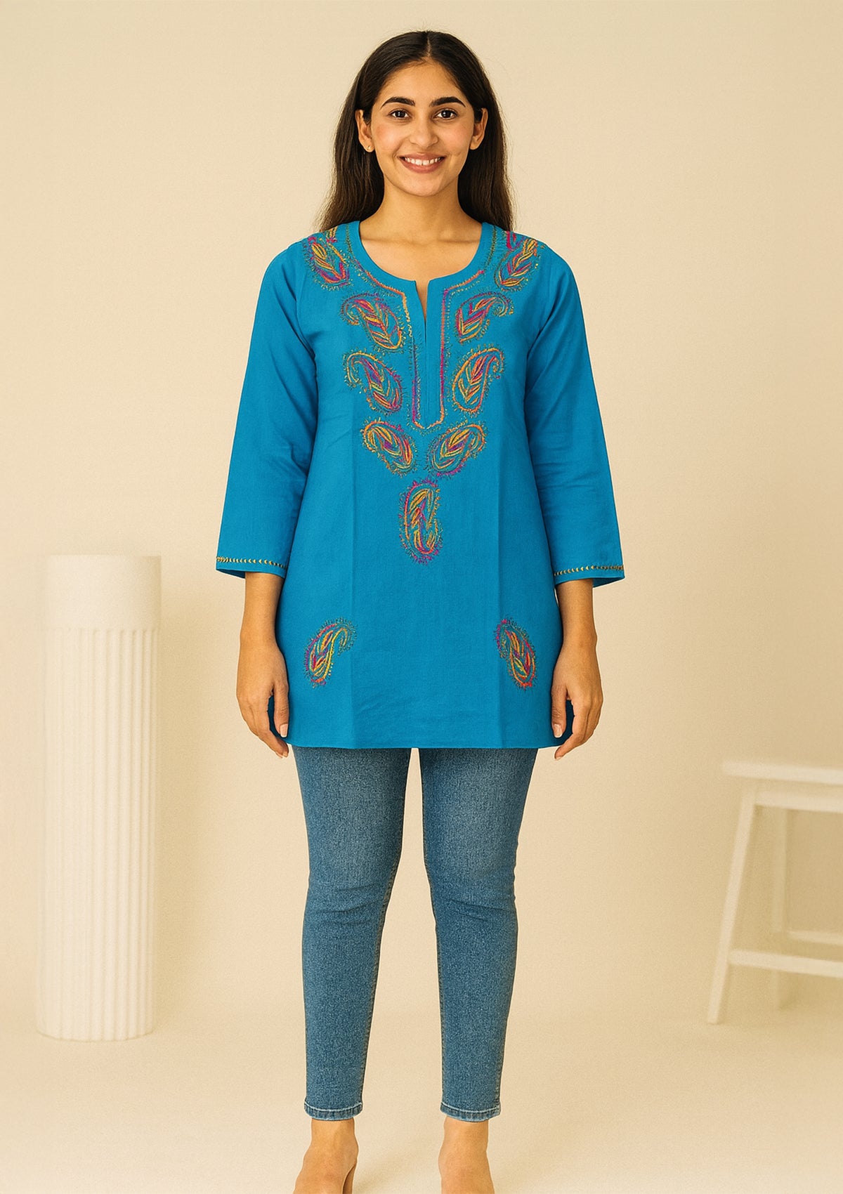 Turquoise Blue Embroidered Cotton Kurti – Short Length