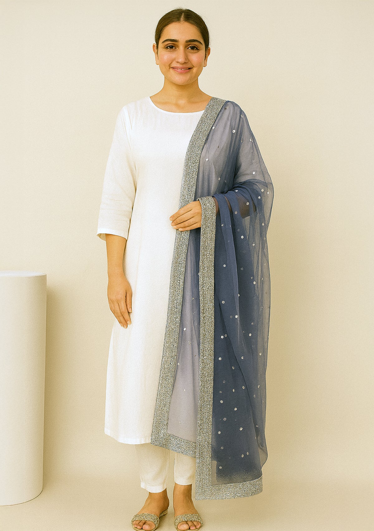 Blue Net Dupatta with Silver Sequin Work and Heavy Embroidered Border