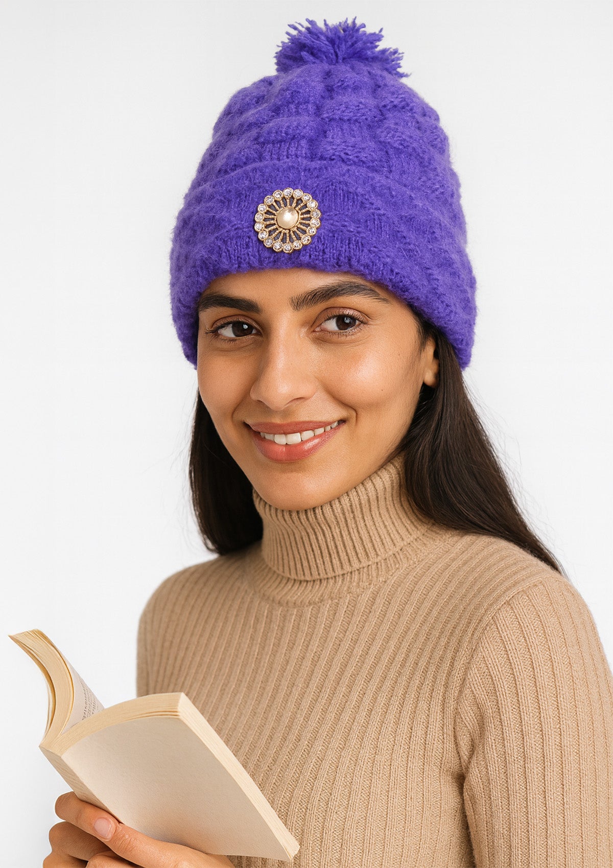 Women’s Purple Wool Cable Knit Winter Cap – Soft Knit Beanie